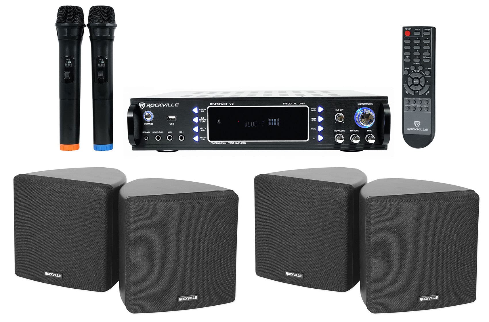 Rockville Hybrid Home Theater Karaoke Receiver with 2 Microphones & 4 Black 3.5