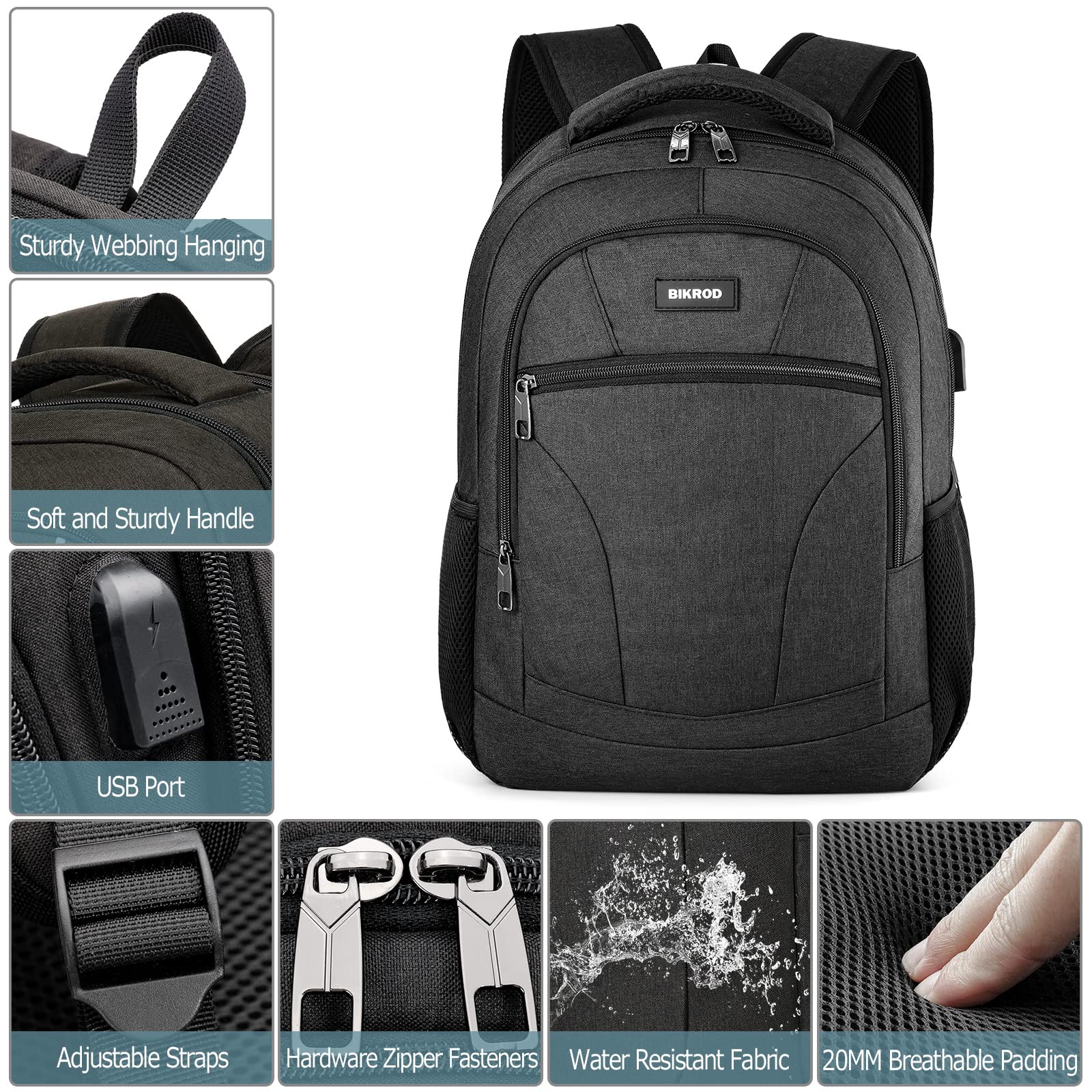 Water Resistant USB Charging Backpack for Men & Women - 15.6 Inch Laptop Backpack for School, College, Travel & Work - Durable Anti-Theft Computer Bag with Charging Port (Black)