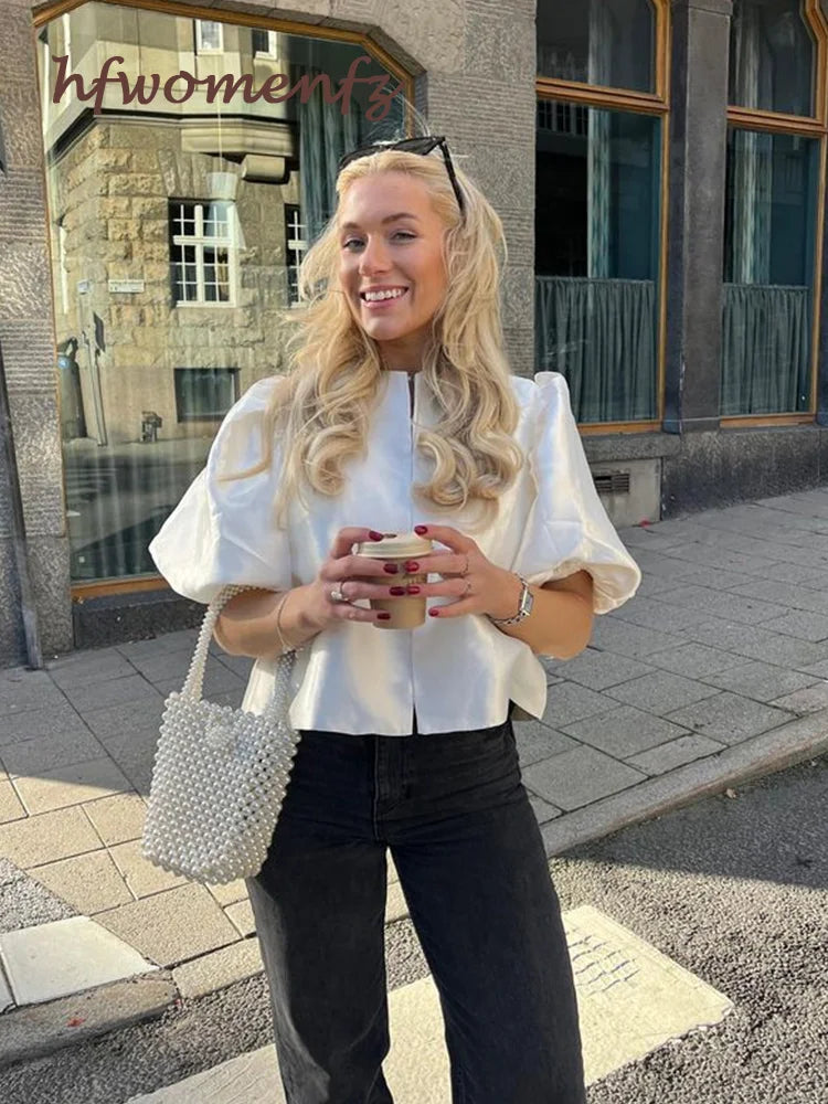 Elegant Satin Ruffle Blouse for Women - Lantern Short Sleeve Loose Fit O-Neck Top | Spring Summer Fashion Streetwear | Perfect for Office, Date Night & Casual Outings