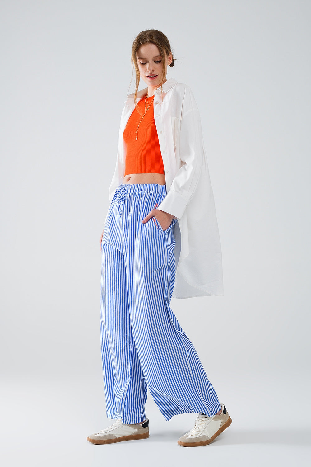 Blue Striped Elastic Waist Pants with Pockets - Comfortable Casual Wear for Work, Travel & Everyday Outfits