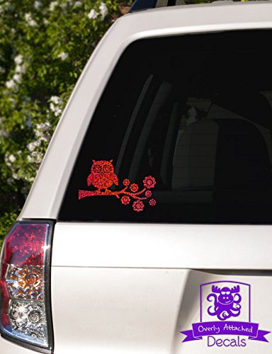 Red Metal Flake Owl on Tree Branch Vinyl Decal - 10 Inch Car Window Sticker for Truck, Glass, Laptop & Electronics - Perfect for Car Decor, Office Workspace & Personal Device Customization