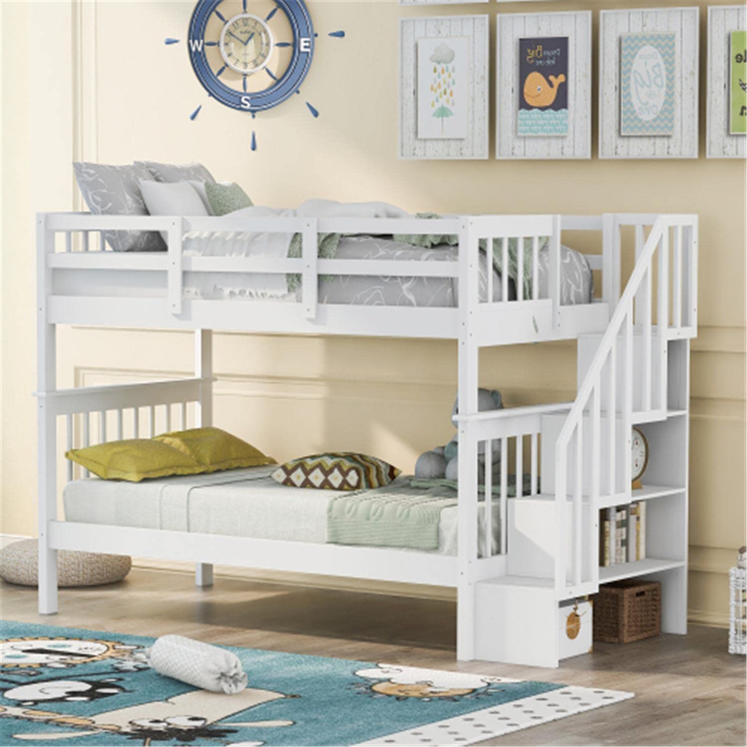 Twin Over Twin Bunk Bed with Storage Shelves & Ladder - Sturdy Wood Frame with Safety Guardrail for Kids & Teens - Space-Saving Bedroom Solution for Small Rooms, Dorms, or Vacation Homes - White