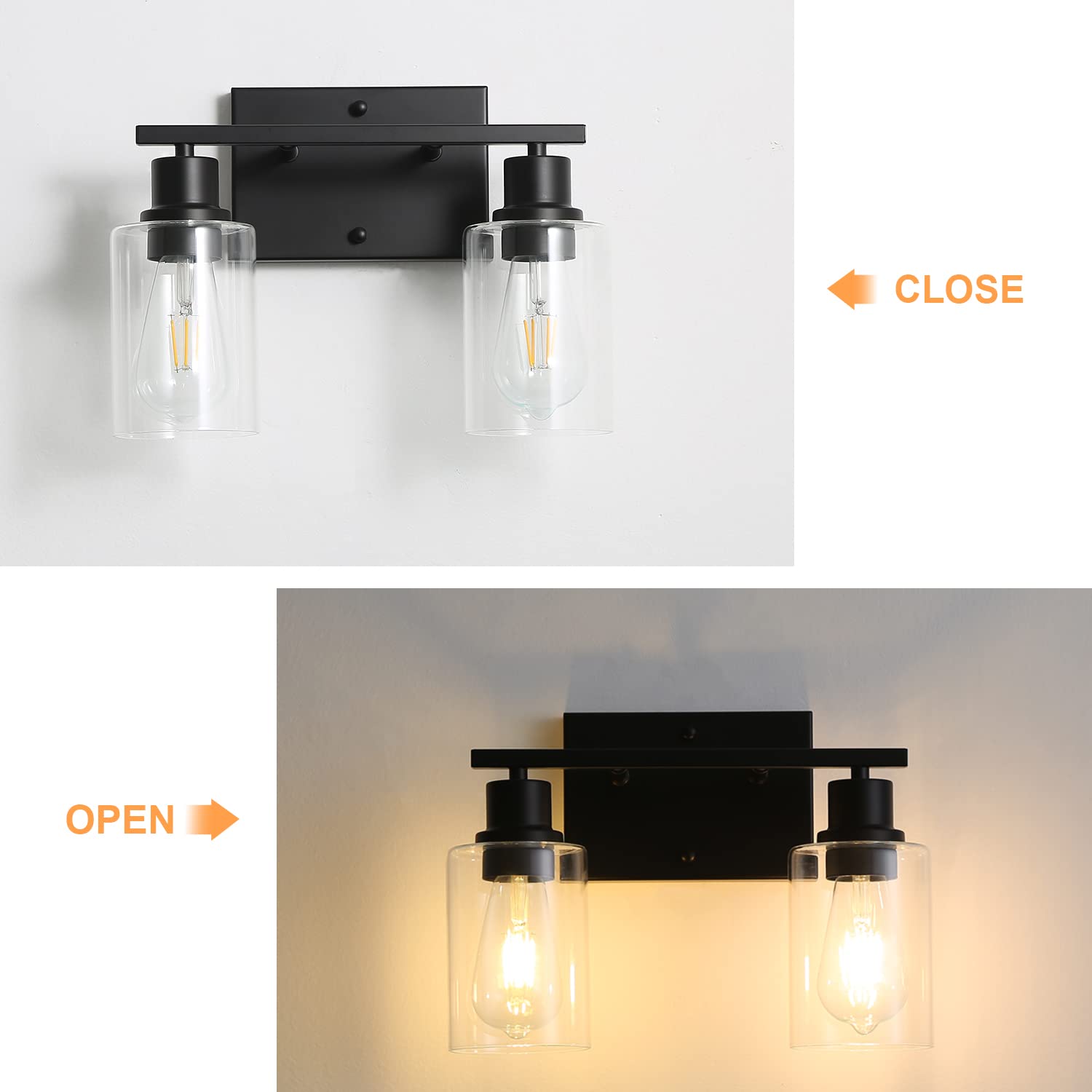 Modern Matte Black Bathroom Vanity Light Fixture - 2-Light Wall Sconce with Clear Glass Shade for Bathroom, Hallway, Farmhouse Bedroom & Living Room - Waterproof & Dimmable Lighting for Home Decor