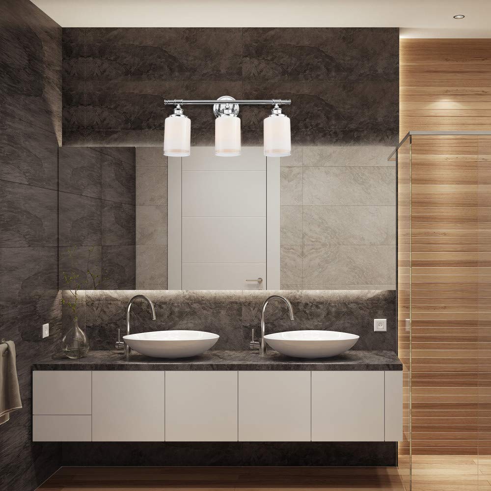 Globe Electric 51414 Freya 5-Piece Bathroom Lighting & Hardware Set - 3 Vanity Lights with White Shades, Towel Bar, Ring, Robe Hook & Toilet Paper Holder in Chrome & Frosted Glass - Perfect for Modern Bathroom Remodel & Home Decor