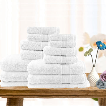14-Piece Lightweight Soft Cotton Bath Towel Set - Ultra Absorbent & Quick Dry - Perfect for Spa, Gym, Beach & Home Use (White)