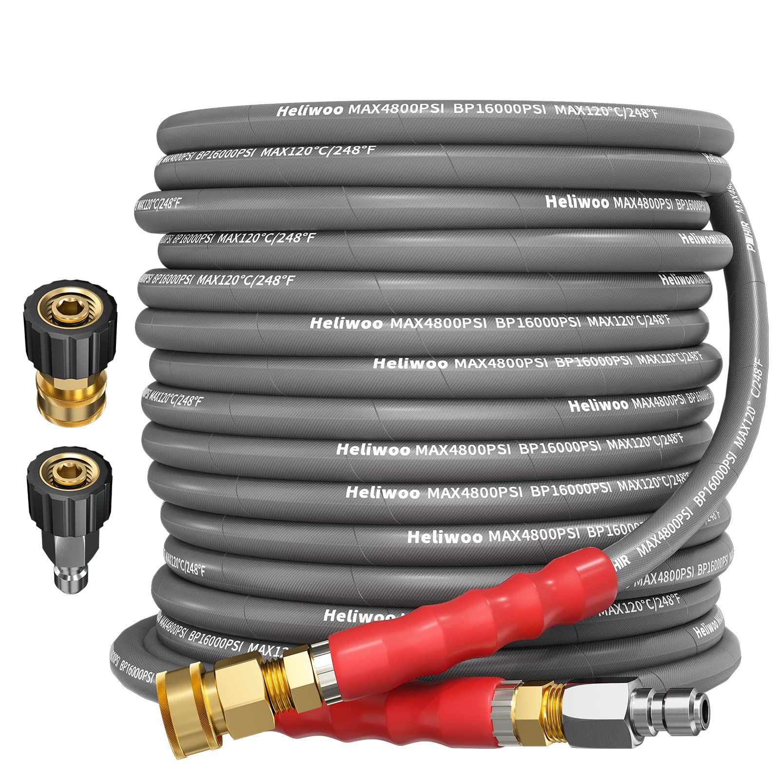 3/8'' High Pressure Washer Hose 50 FT - Heavy Duty Hot & Cold Water Power Washer Hose Up to 248°F & 4800 PSI - Commercial Grade Steel Wire Braided Kink Proof Extension Hose with Quick Connect - Perfect for Car Washing, Driveway Cleaning & Industrial Pressure Washing