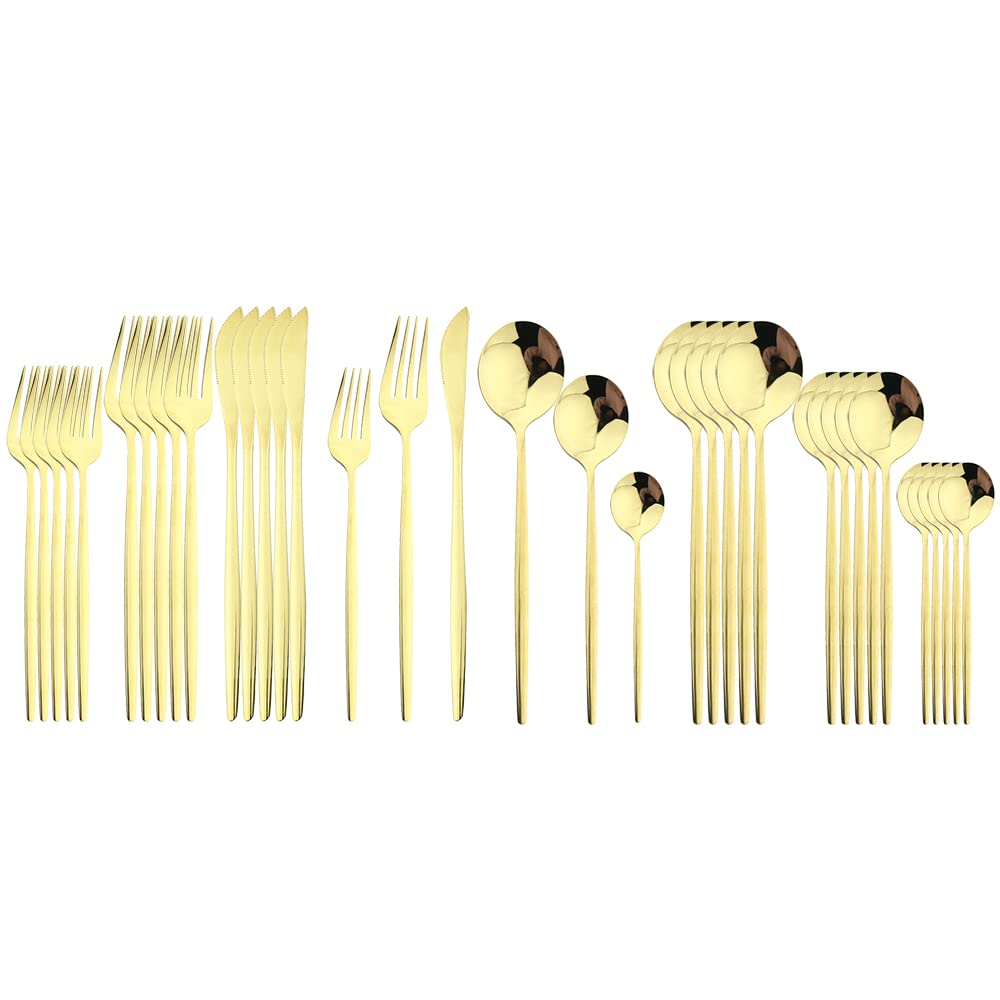 36-Piece Stainless Steel Flatware Set - Knife, Fork, Spoon, Teaspoon & Dessert Utensils for Dinnerware & Kitchen Use (Champagne) - Perfect for Formal Dining, Dinner Parties & Everyday Meals