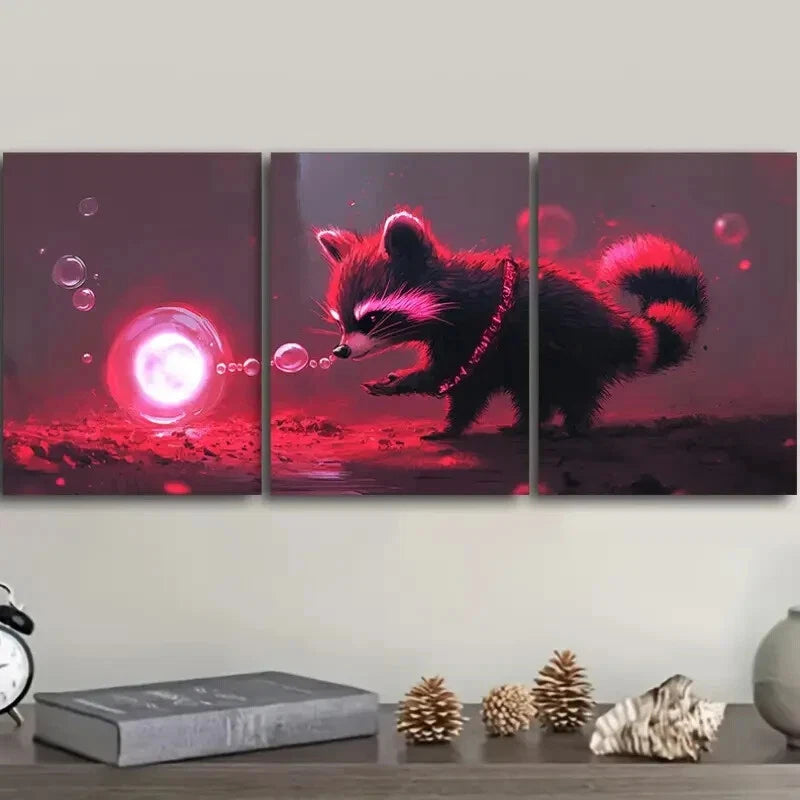 3pcs Magical Raccoon Art Painting - Metal Print Wall Decor Ready to Hang - Perfect for Living Room, Bedroom & Office Decor