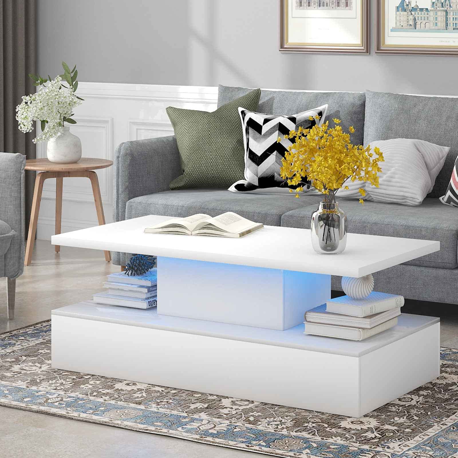 Modern LED Coffee Table with Remote Control - Rectangle Side Sofa Table for Living Room, Bedroom & Office - Adjustable Lighting for Home Decor & Entertainment