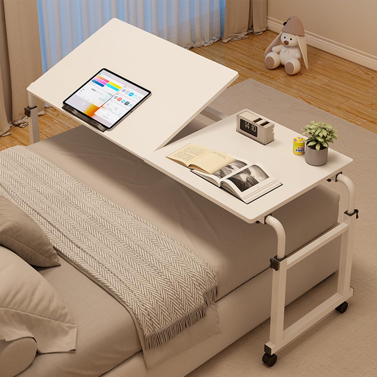 Adjustable Overbed Table with Wheels - Mobile Hospital Bedside Table, Rolling Desk for Queen Size Beds (1.2m-1.8m), Height Adjustable Standing Work Surface - Perfect for Eating, Working, Reading in Bed or Recovery (White)