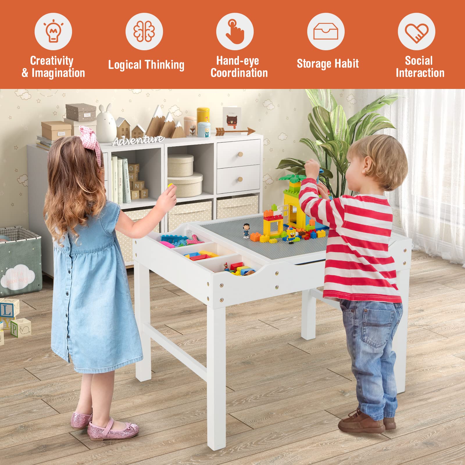 Costzon Kids Activity Table - 3-in-1 Wooden Building Block Desk with Storage, Paper Roll & Reversible Top for Toddlers | Arts & Crafts, Drawing, Reading & Play | Perfect Gift for Boys & Girls (White) - Ideal for Preschool Learning, Creative Play & Home Classroom Activities