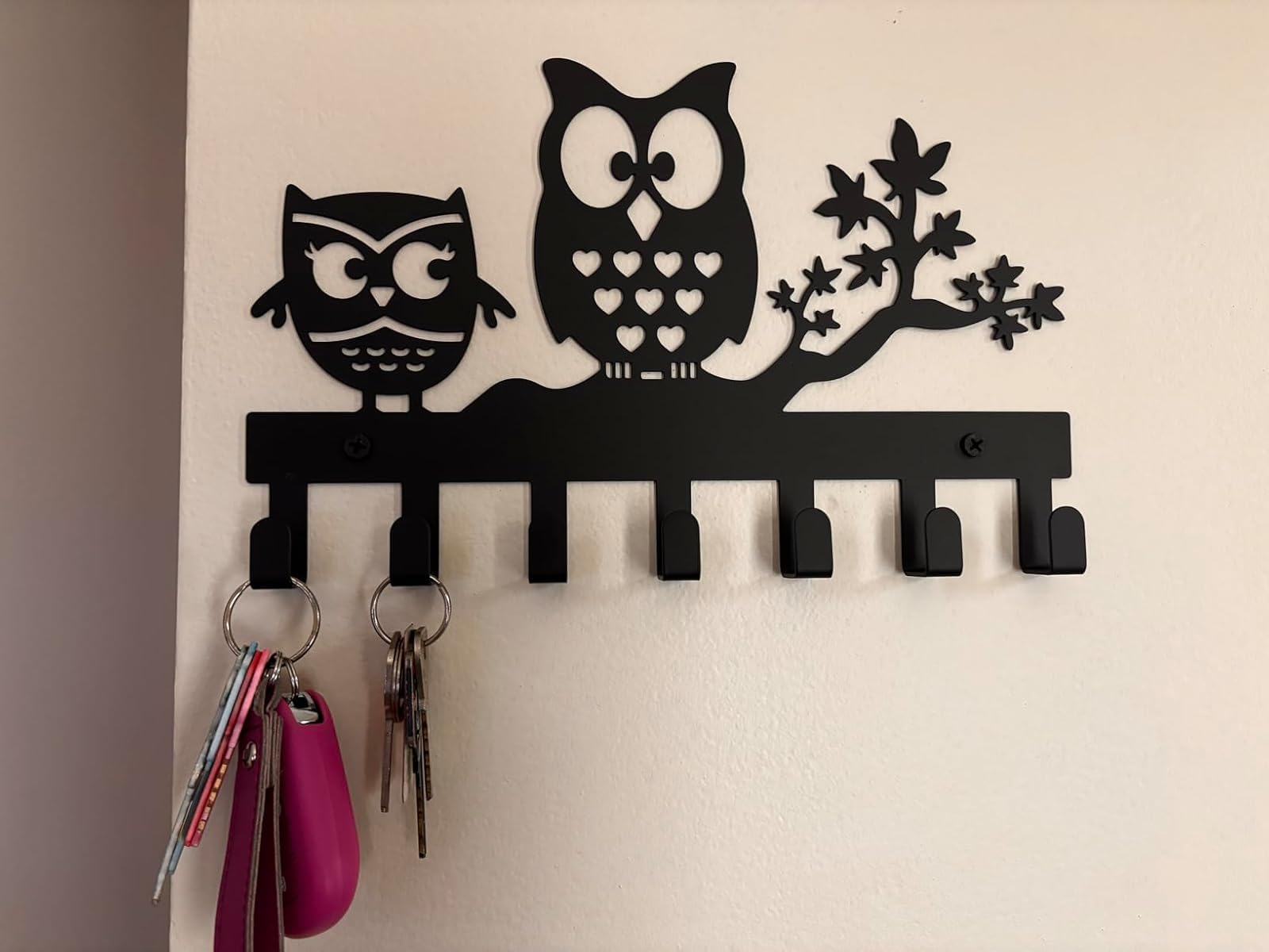FairyCity Metal Owl Key Holder Wall Mount - 27cm x 17cm Key Organizer with 7 Hooks, Black - Perfect for Entryway, Bedroom, or Office Key Storage and Home Decor