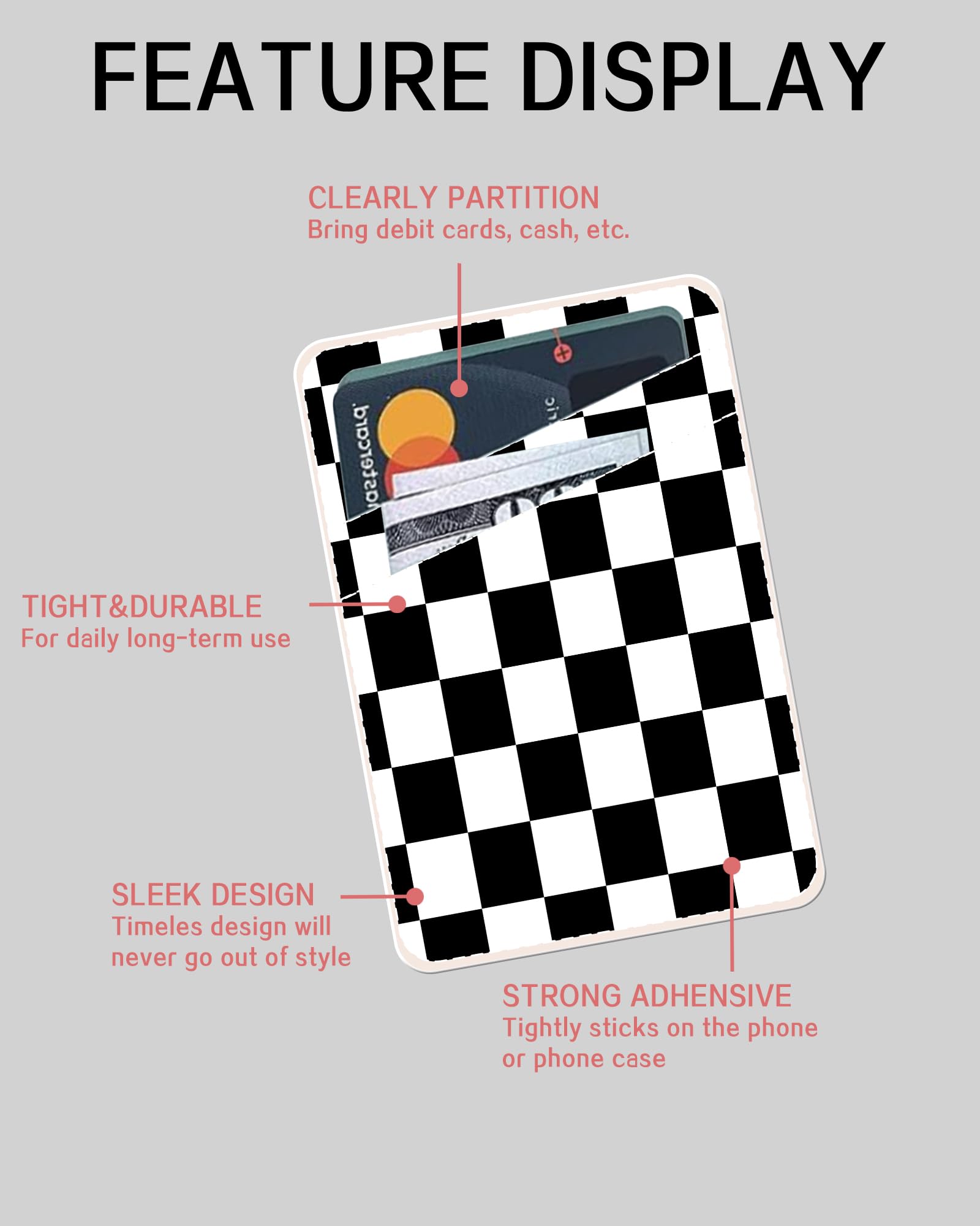ADBOR Leather Phone Card Holder - Slim Dual Pocket Stick On Wallet for Credit Cards & ID - Classic Checkerboard Design - Perfect for iPhone Cases & Everyday Use