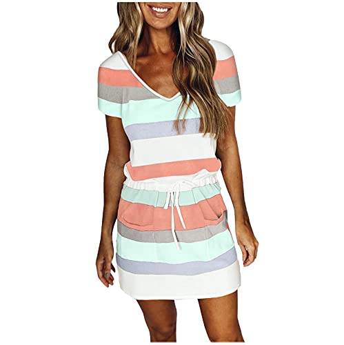 Women's V-Neck Striped Mini Dress - Summer Casual Short Sleeve Swing Dress with Elastic Waist Belt & Pockets | Perfect for Beach Outings, Date Nights & Weekend Brunch