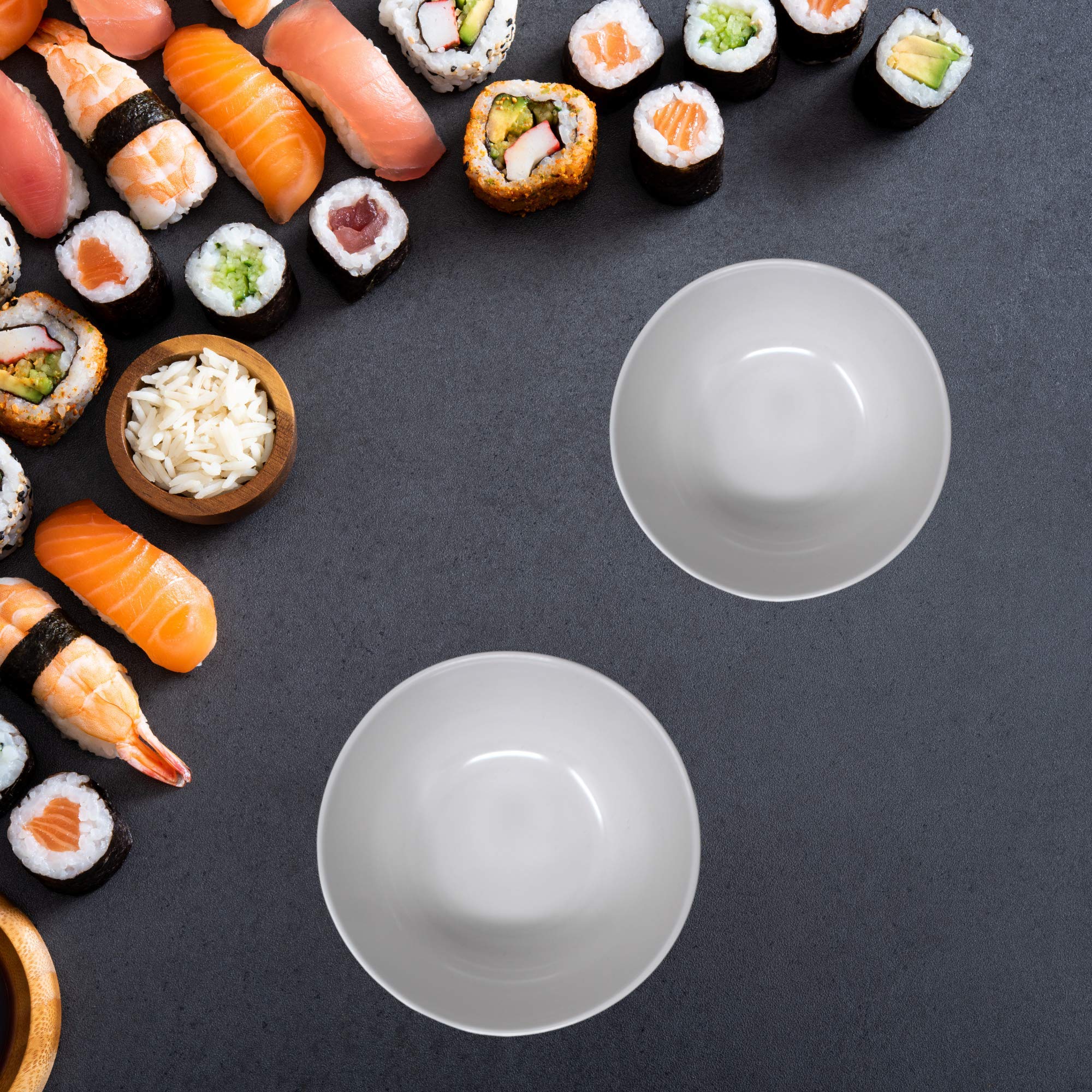 Needzo 4.5-Inch White Plastic Rice Bowls with Blue Bamboo Design - Japanese Style Snack Bowls, Set of 2 - Perfect for Sushi, Ramen, Cereal & Party Serving