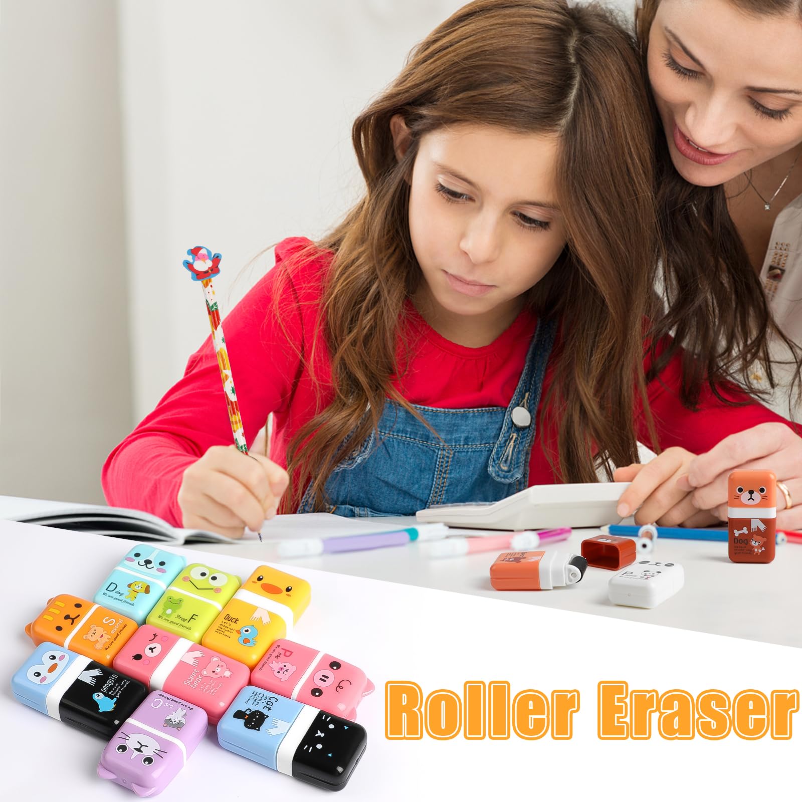 CCINEE 12-Pack Cute Pencil Erasers with Protective Caps & Self-Cleaning Shaving Roller - Perfect for School Supplies, Classroom Prizes, Teacher Gifts & Student Rewards (Great for Homework, Exams & Art Projects)