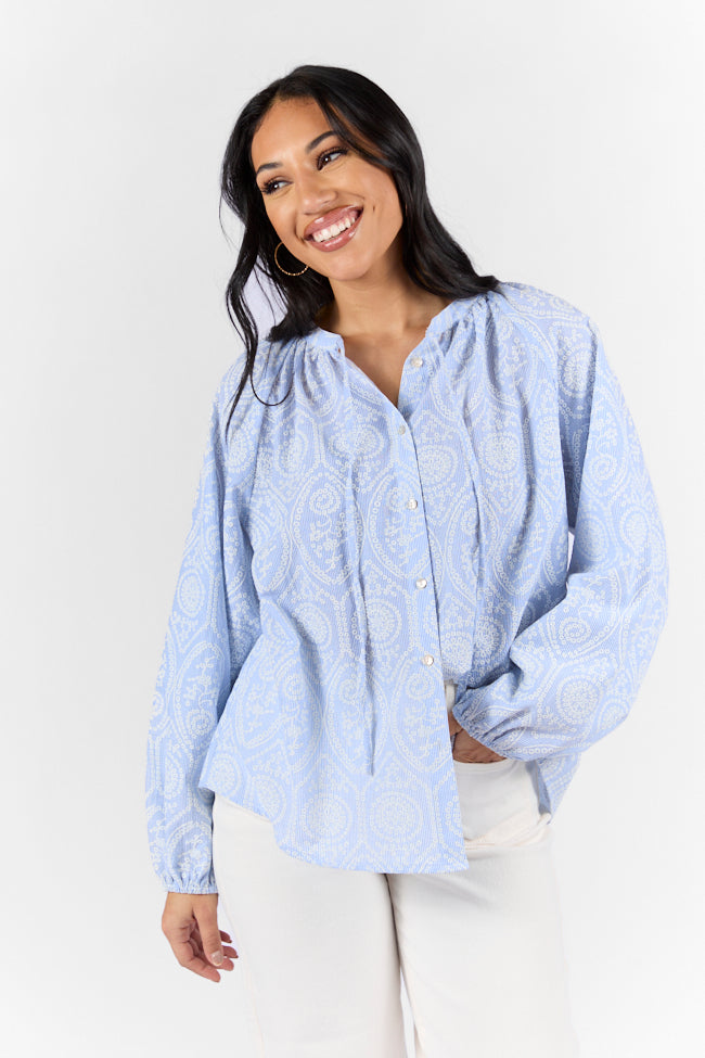 Downtown Delight Blue Embroidered Woven Button Down Blouse for Women | Casual Office Wear & Spring Outfits | Trendy Embellished Top for Work & Date Nights
