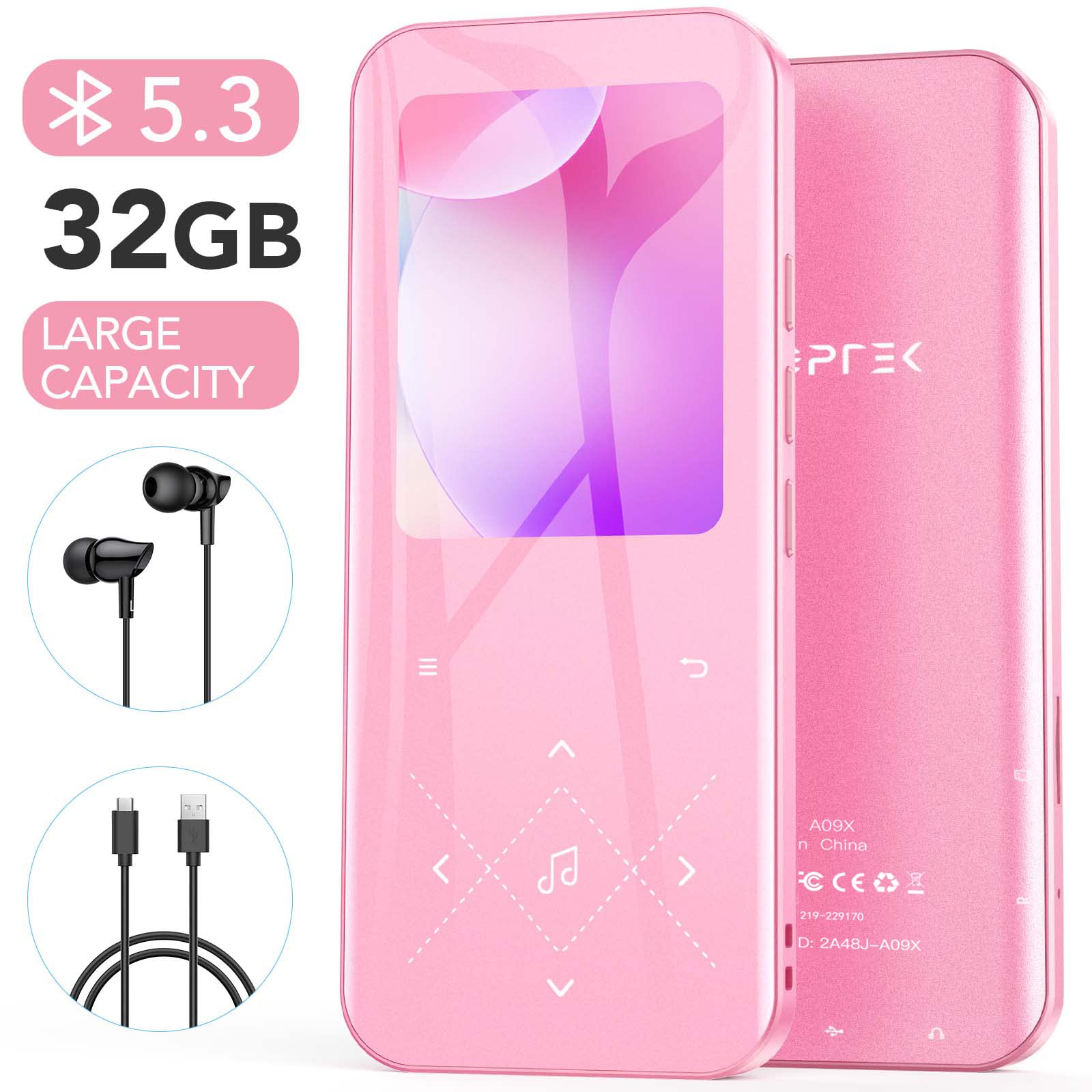 AGPTEK Pink MP3 Player with Bluetooth 5.3, 32GB Storage, Built-in Speaker, FM Radio & Voice Recorder - Portable Music Player for Running, Gym Workouts, Travel & Everyday Use