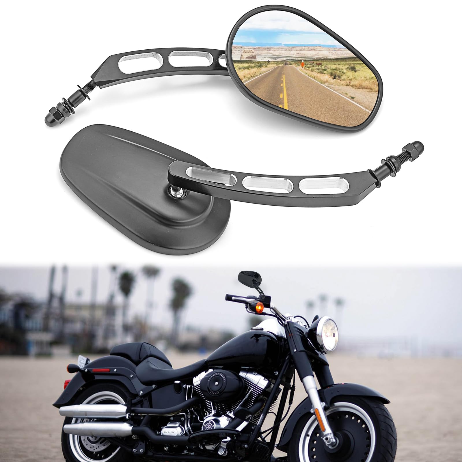 8MM Rear View Side Mirrors for Motorcycle - Hollow Handlebar Mount Mirrors Gloss Black - Compatible with Harley Sportster, Dyna, Softail, Touring, Electra, Street Glide, Road Glide, Road King - Perfect for Enhanced Safety and Style on Cruiser Bikes