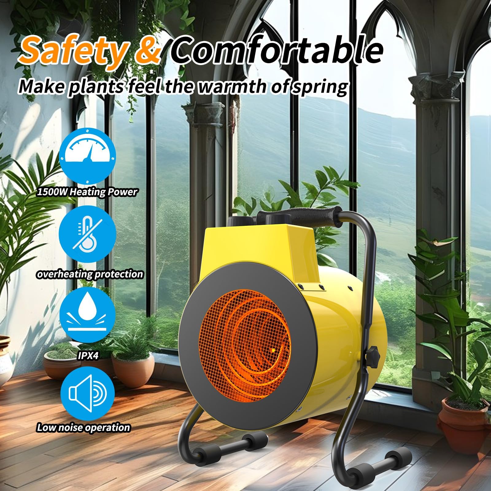 Digital Thermostat Greenhouse Heater with Hygrometer - Portable Outdoor Space Heater for Greenhouses - Fast Heating, Overheat Protection - Ideal for Winter Plant Protection & Seedling Growth (Yellow)