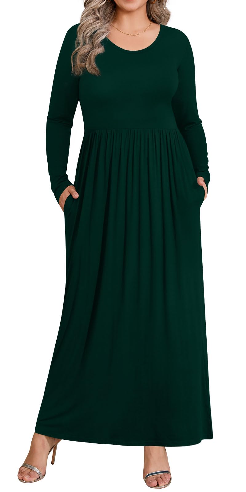 BISHUIGE Women's Plus Size Casual Long Sleeve Maxi Dresses with Pockets - XL to 6XL - Comfortable Flowy Dress for Everyday Wear, Work, Church & Special Occasions
