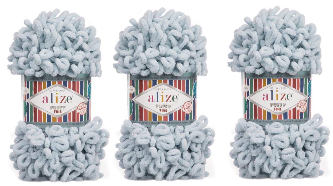 Alize Puffy Fine Yarn - 3 Skeins (300g, 48yds) 100% Micropolyester Super Soft Baby Blanket Yarn - Hand Knitting, Chunky Bulky Woven Worsted Yarn - Perfect for Baby Blankets, Scarves & Winter Crafts