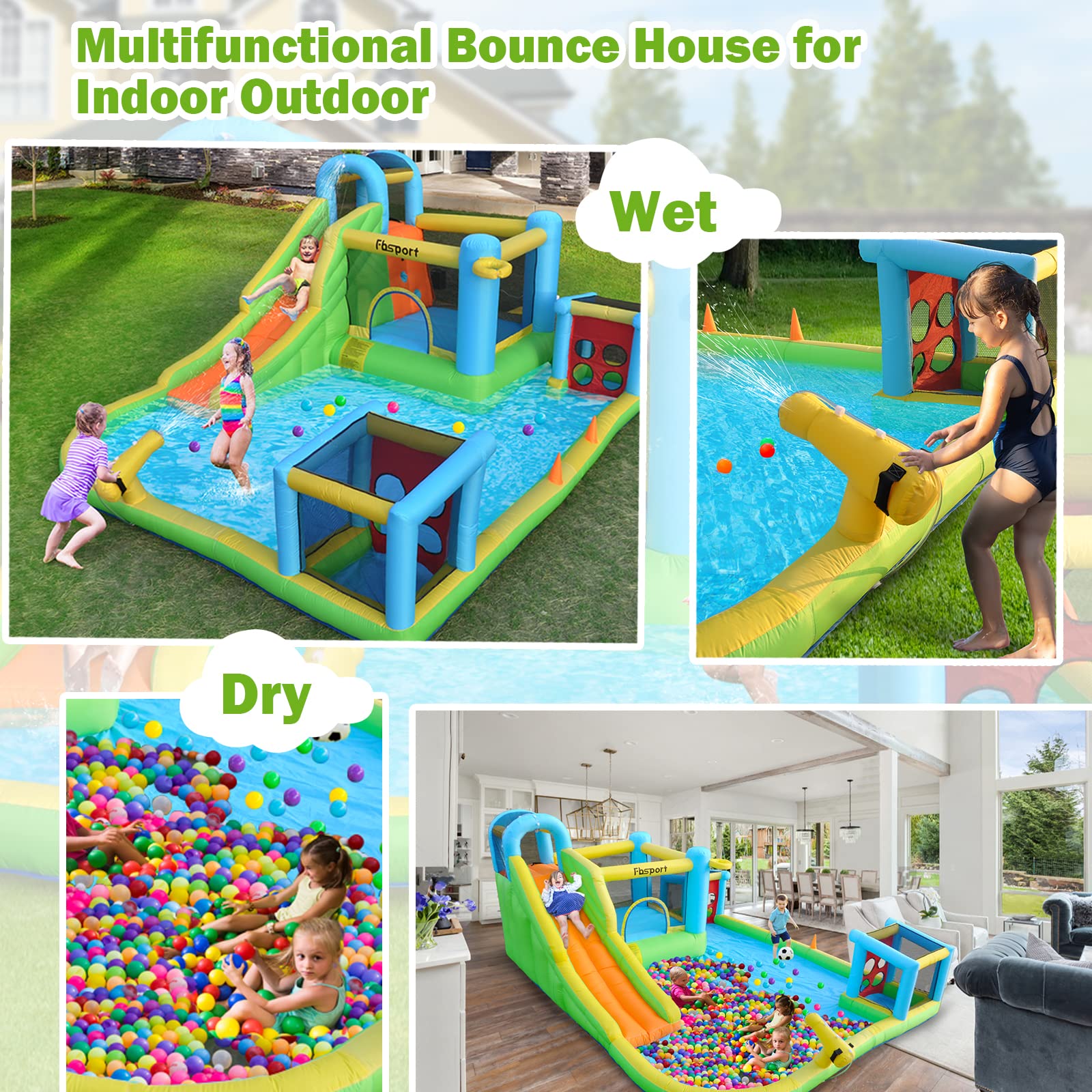 FBSPORT Inflatable Bounce House with Water Slide - 9-in-1 Kids Bouncy Castle for Indoor & Outdoor Play | Includes Blower, Football Shooting Game, Water Gun, Splash Pool & Bounce Area | Perfect for Birthday Parties, Backyard Fun & Summer Water Activities