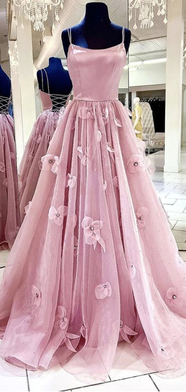 Floral A-Line Pink Spaghetti Strap Backless Long Prom Dress for Women - Elegant Formal Gown for Prom, Homecoming, Evening Party & Special Occasions