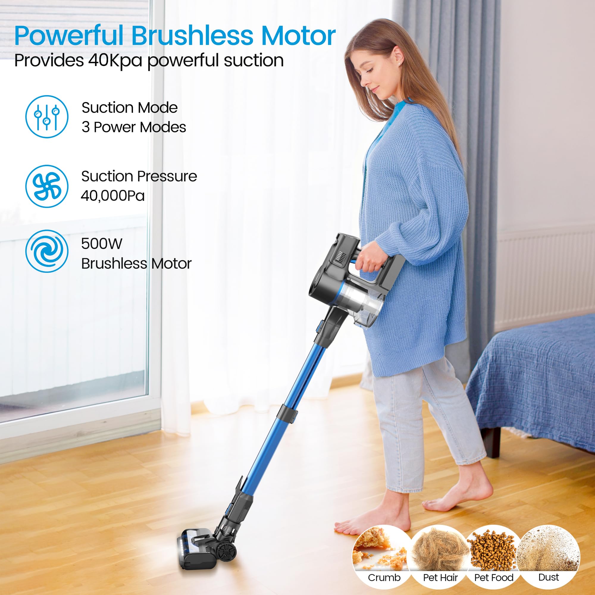 Powerful 40KPa 500W Brushless Motor Cordless Vacuum Cleaner - Lightweight Stick Vacuum with 60 Min Runtime for Carpets & Hard Floors - Ideal for Pet Hair Removal - Perfect for Home, Car & Office Cleaning (Blue)
