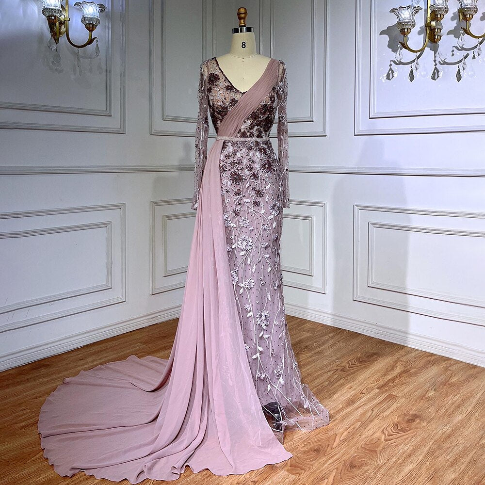 Elegant Pink Mermaid Evening Dress with Beaded Overskirt - Luxury Women's Gown for Prom, Wedding & Arabic Party - Serene Hill LA71835