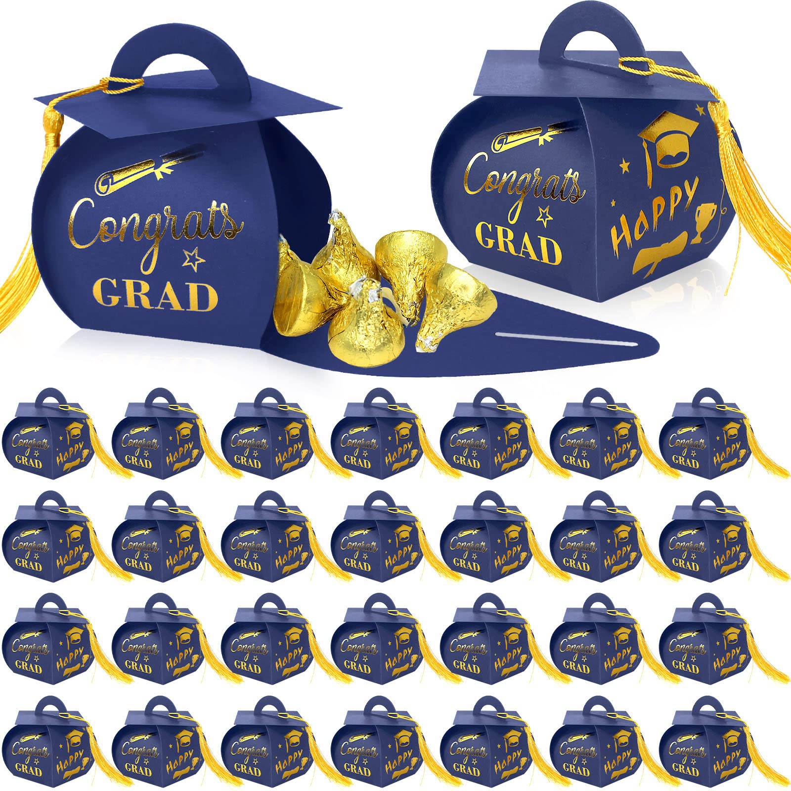 2025 Graduation Candy Boxes with Tassel - 30pcs Blue & Gold Grad Party Favors for Congrats