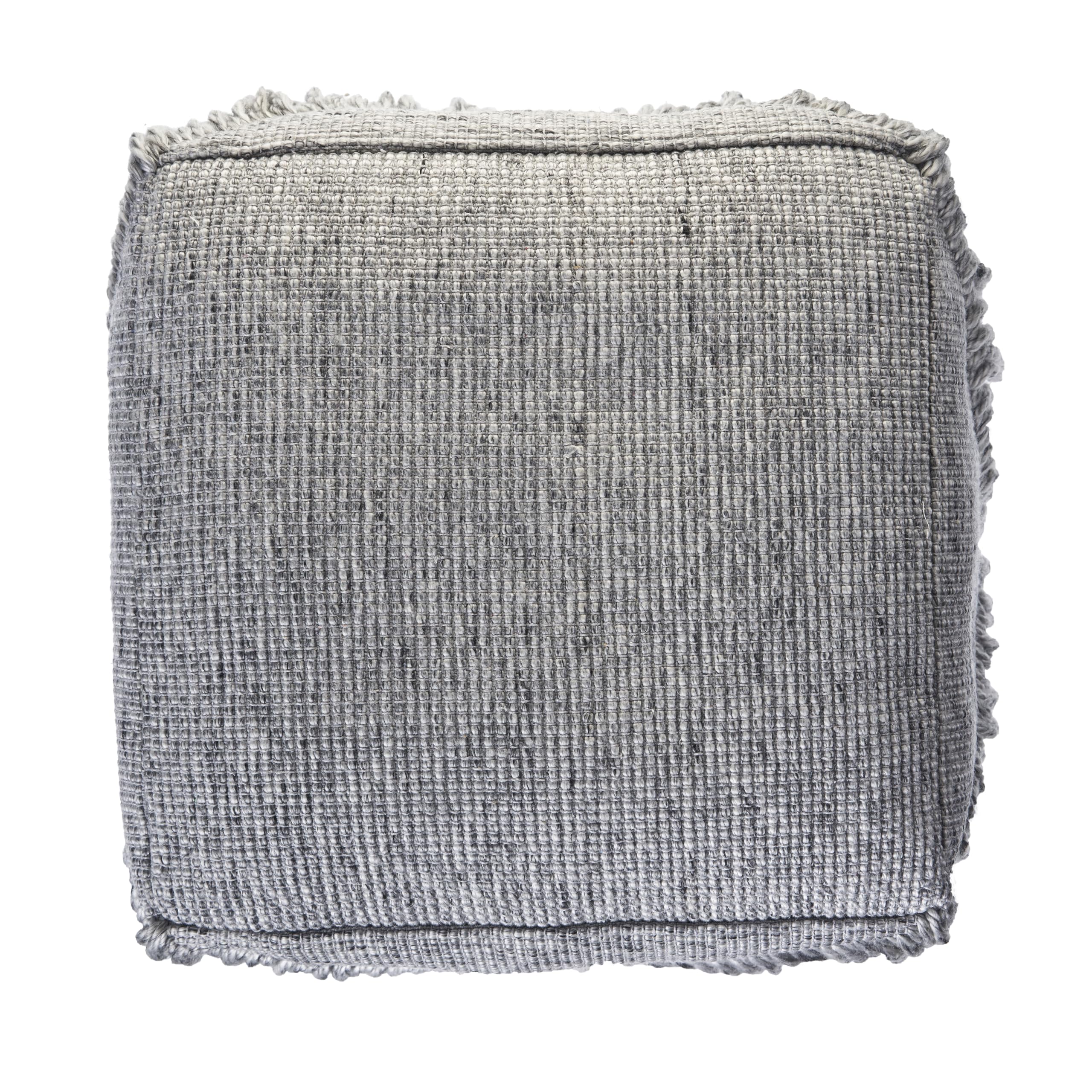 LR Home Evette Rios Gray Distressed Wool Blend Square Ottoman Pouf - Handmade Modern Foot Rest & Decorative Accent for Bedroom, Living Room - 18