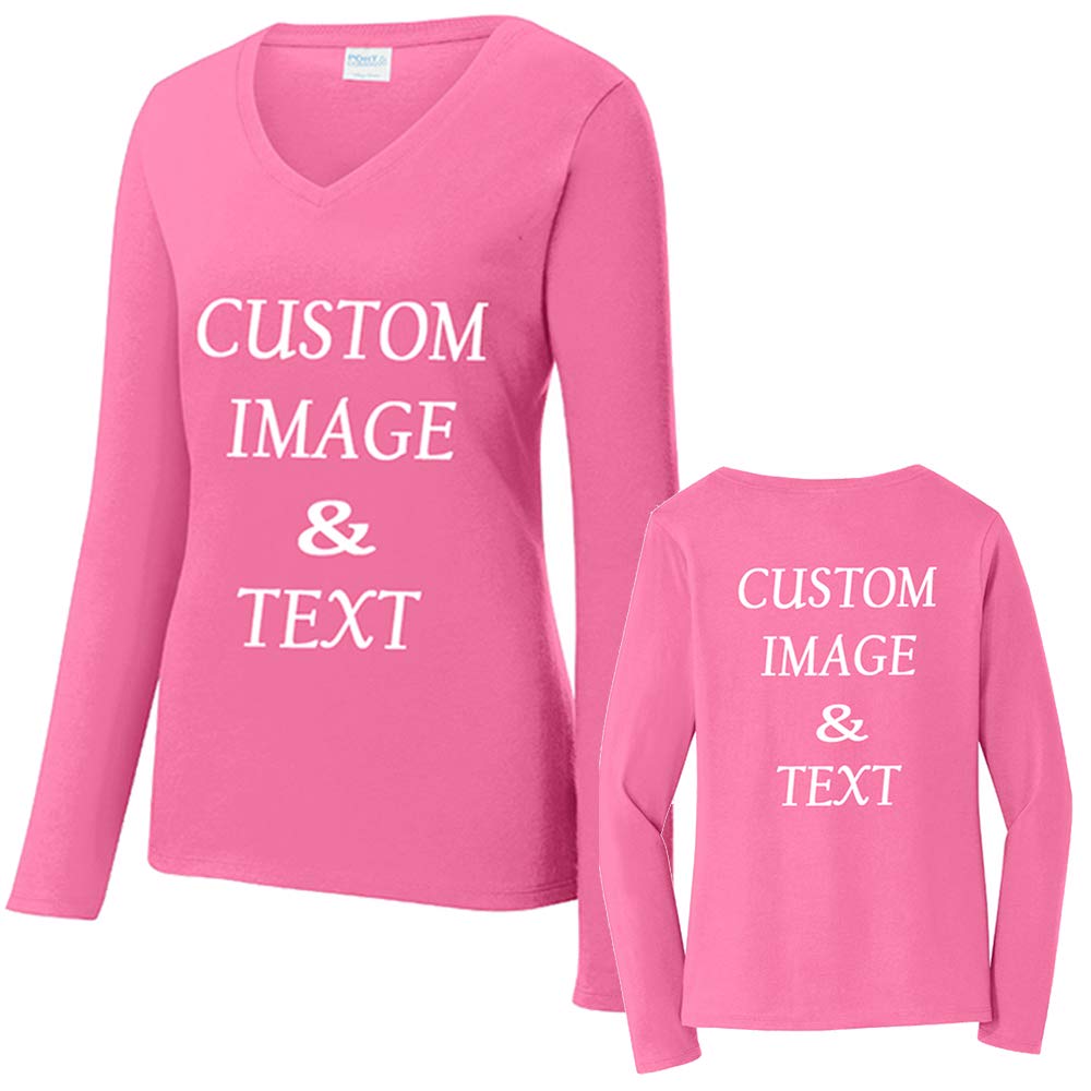 Custom Personalized Women's Long Sleeve Tee Shirt with Photos & Text - Pink Workout Shirt for Gym & Yoga - Large Size for Comfortable Fitness Wear
