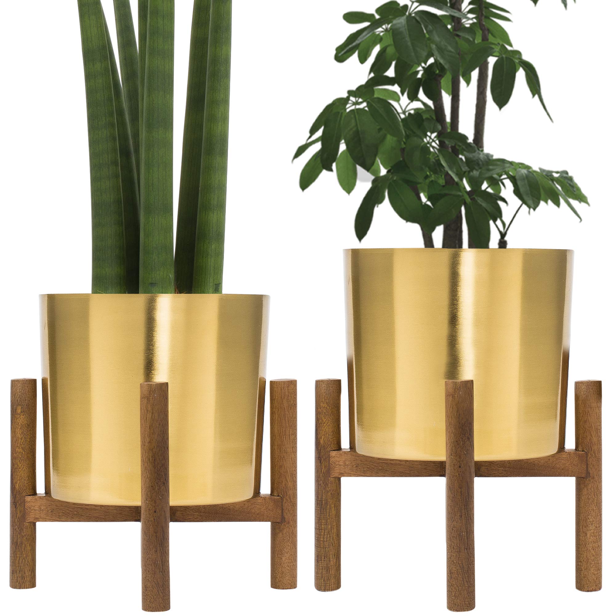 Kimisty Set of 2 Gold Planters with Stand - 7 Inch Large Brass Plated Metal Pots with Wooden Base | Mid-Century Modern Flower Pots for Living Room Decor | Perfect for Orchids, Aloe Vera & Cactus Plants | Indoor Home & Office Plant Decor
