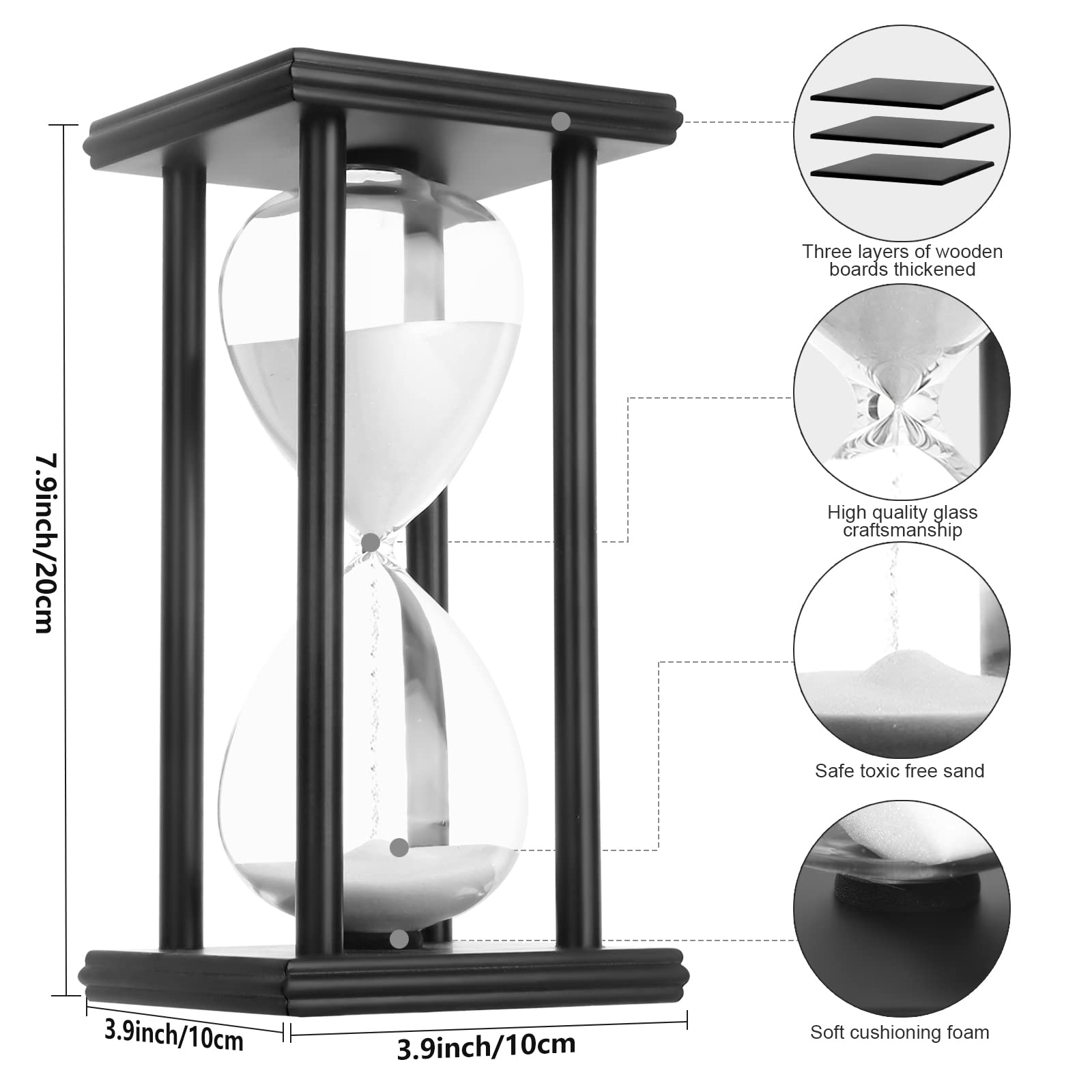45 Minute Hourglass Sand Timer - Black Wooden Sandglass for Home, Office, Classroom, Kitchen & Restaurant Decor | Perfect for Time Management, Meditation & Stylish Living Room Accents (White Sand)