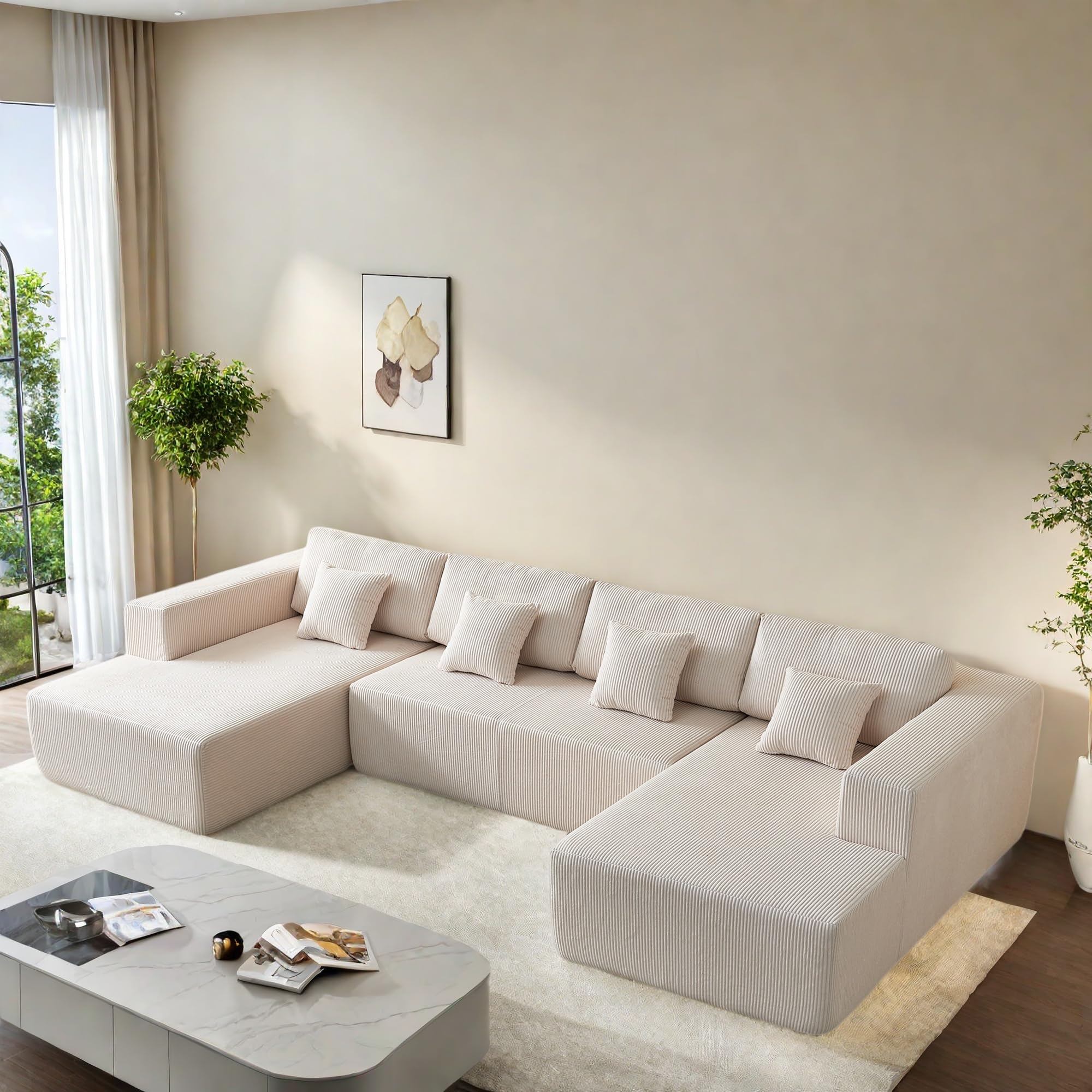 Luxury U-Shaped Sectional Sofa Set with Plush Corduroy Fabric & Reversible Chaise - 4-Seater Comfort Couch with Supportive Backrests for Living Room, Apartment - Perfect for Family Gatherings & Movie Nights (White)