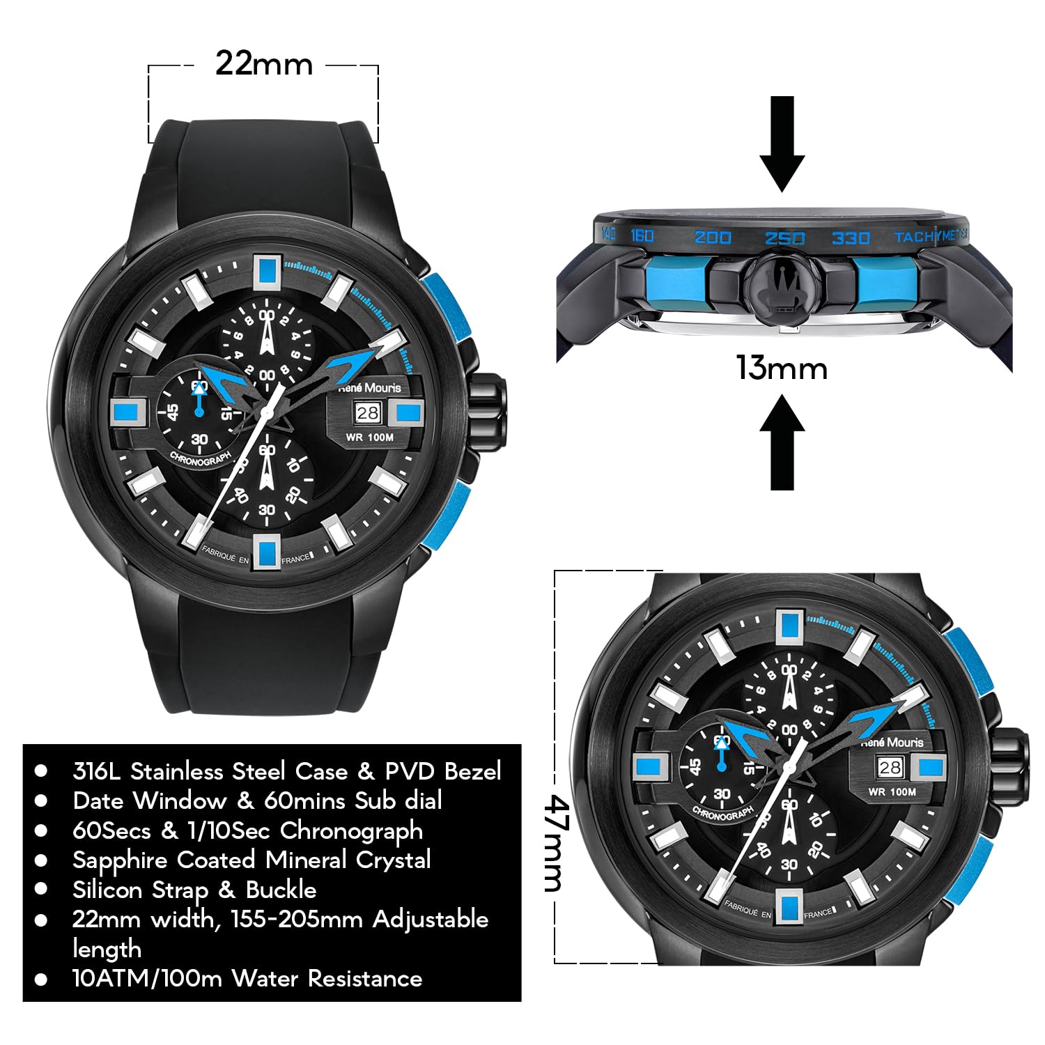 René Mouris Prowler Chronograph Men's Watch - 47MM 316L Stainless Steel Sport Watch with Sapphire Coated Mineral Crystal & Silicone Strap - 100M Waterproof - Perfect for Diving, Swimming & Outdoor Activities