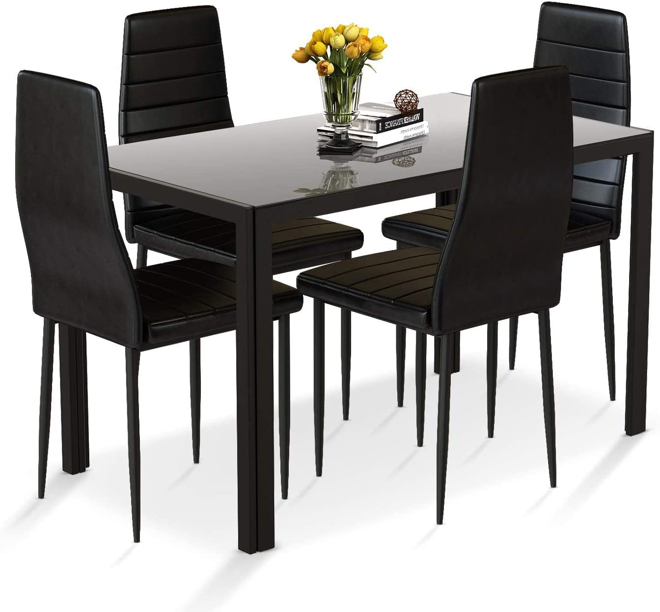Modern 5-Piece Dining Table Set for 4 with Tempered Glass Top & PU Leather Chairs - Black Kitchen & Breakfast Room Furniture for Small Spaces | Perfect for Apartments, Condos, and Cozy Dining Areas