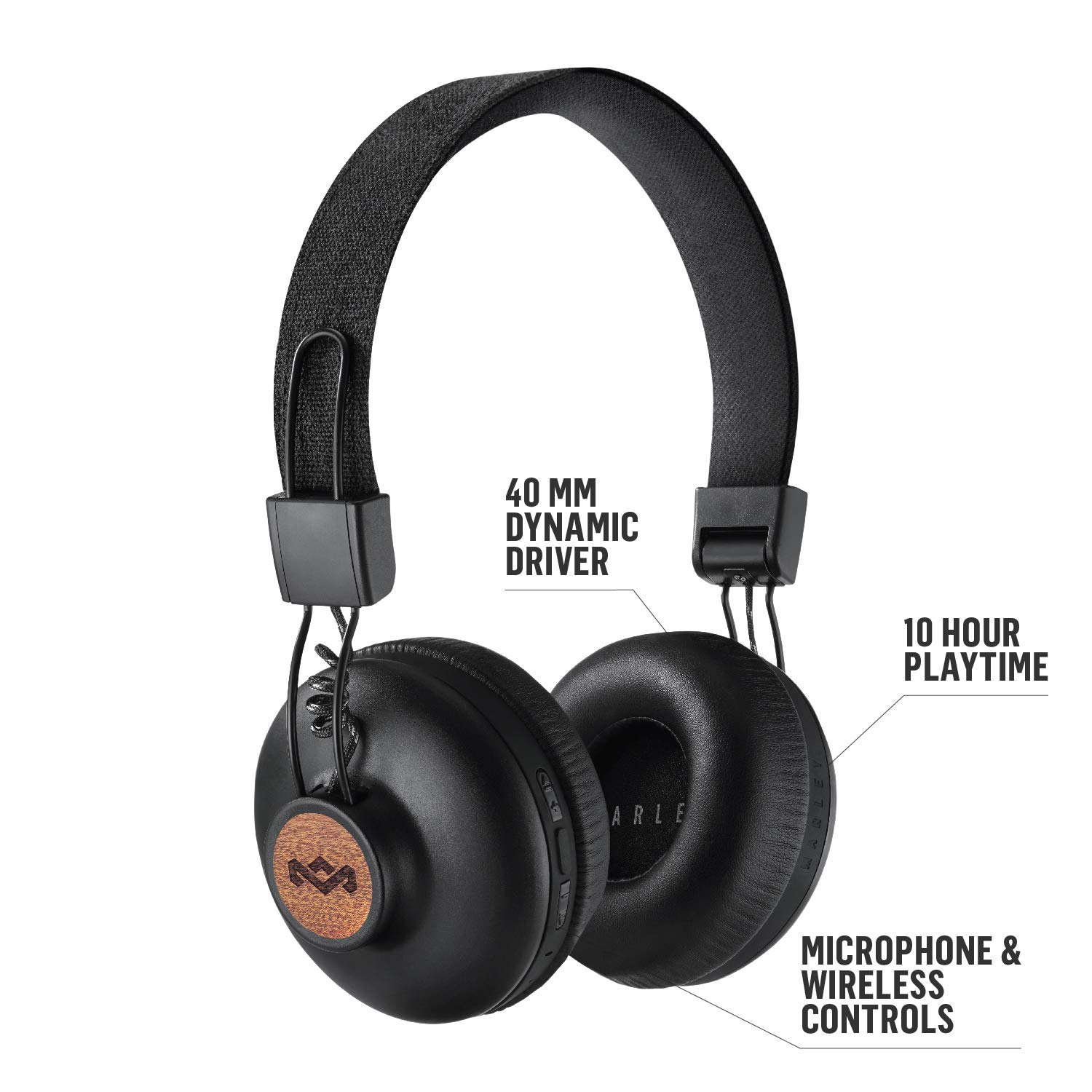 House of Marley Positive Vibration 2 Wireless Bluetooth Over-Ear Headphones with Built-in Mic - 10 Hour Playtime, Noise Isolation, Eco-Friendly Materials - Perfect for Commuting, Workouts & Travel (Black)