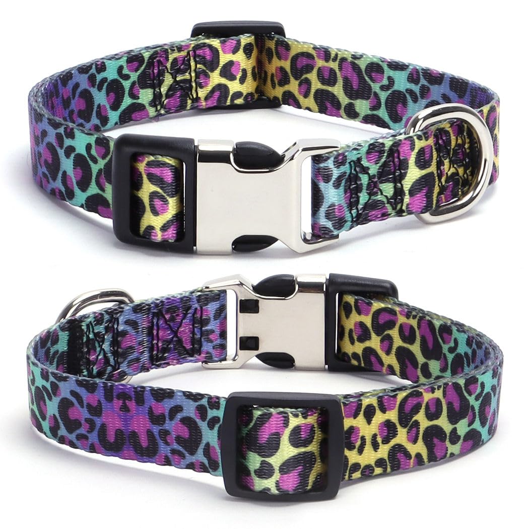 Colorful Leopard Print Dog Collar with Metal Buckle - Soft & Durable Cheetah Pattern Pet Collar for XS, S, M, L Breeds - Perfect for Small Dogs, Puppies & Female Pets - Great for Walks, Training & Fashion Accessories