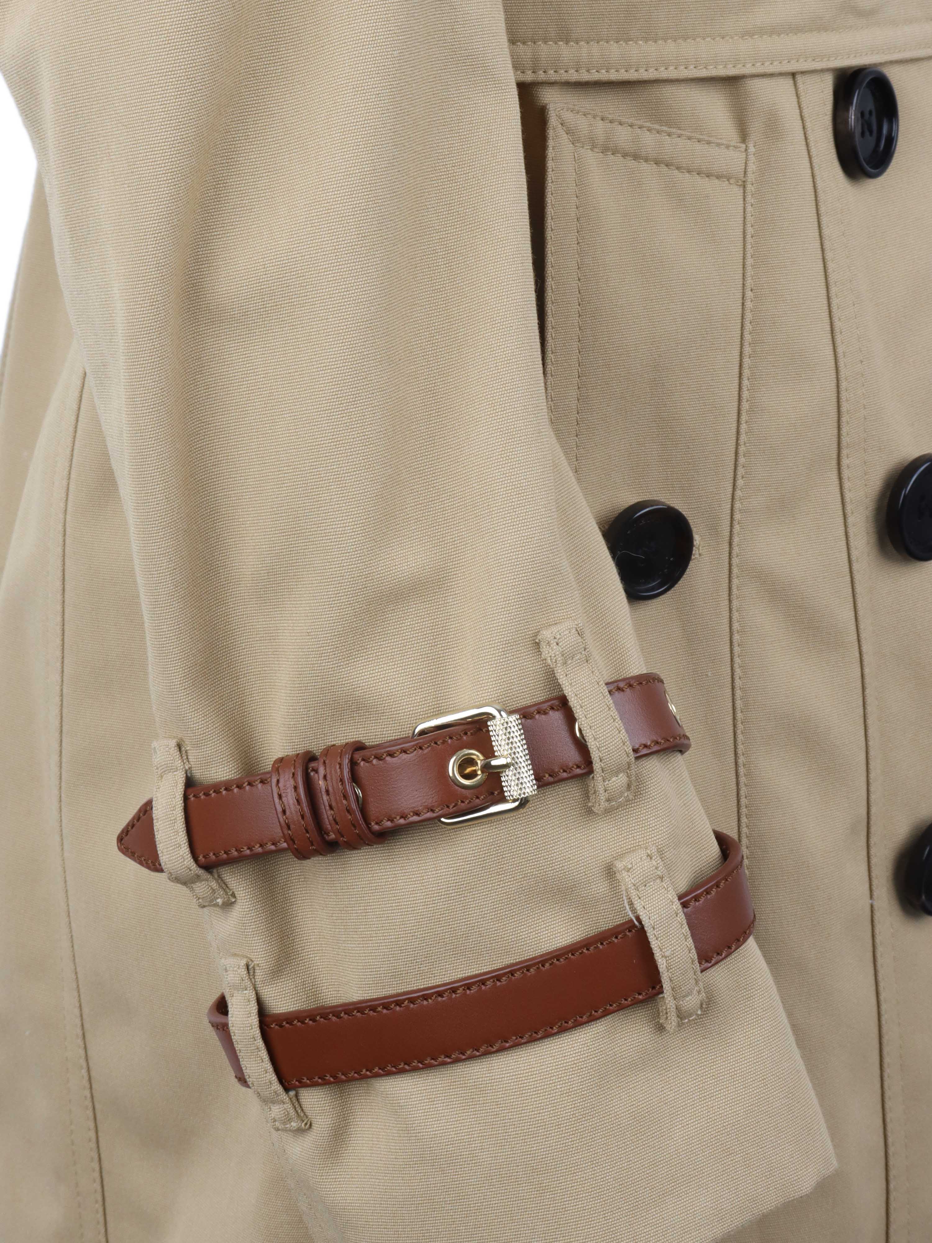 Burberry Tan Trench Coat with Leather Sleeve Straps - Classic Waterproof Raincoat for Women | Perfect for Office, Travel & Formal Occasions
