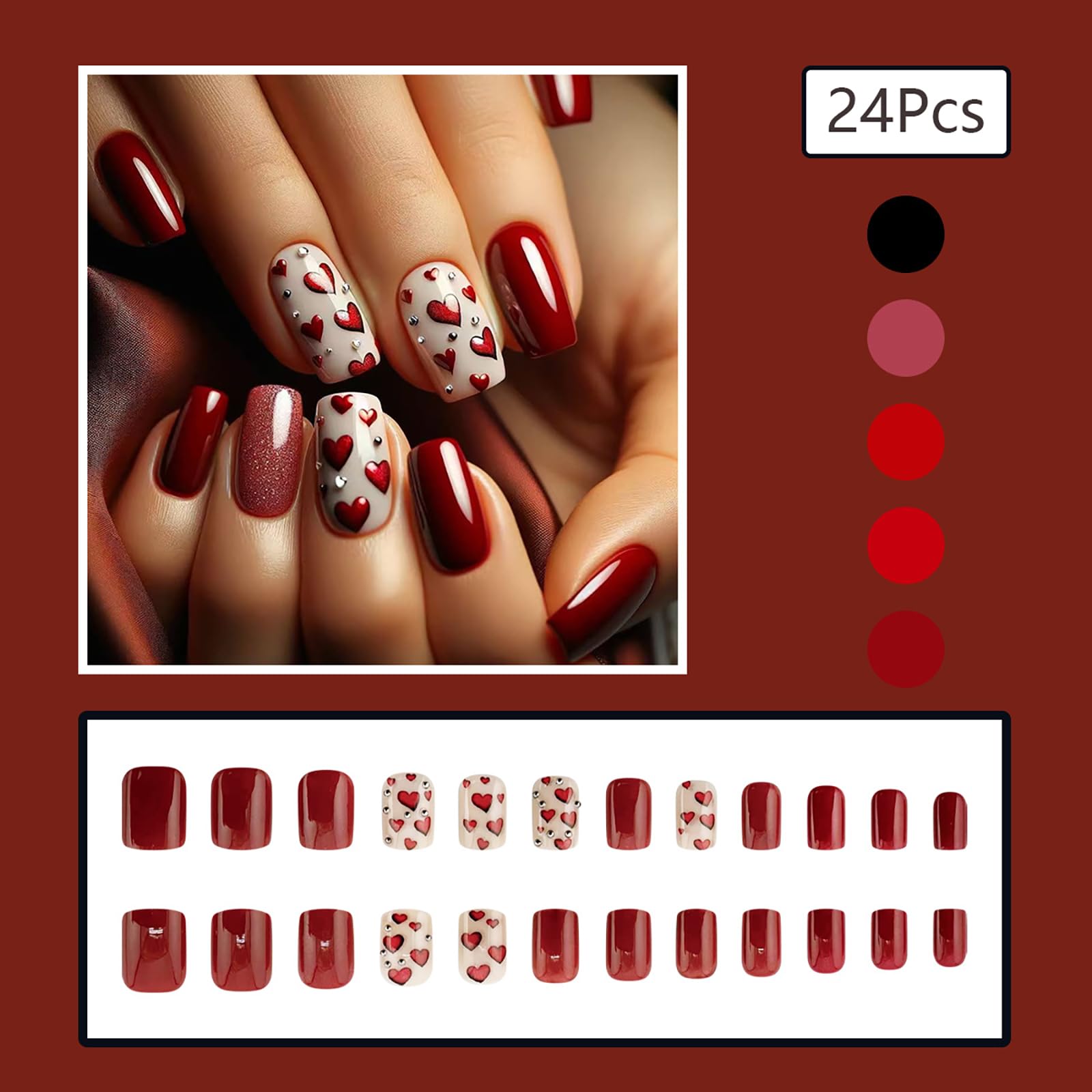 24 Pcs Valentine’s Day Press on Nails - Medium Length Square Fake Nails with Red Heart & Rhinestone Design, Includes Glue | Acrylic False Nails for Women | Perfect for Date Night, Parties & Holiday Gifts