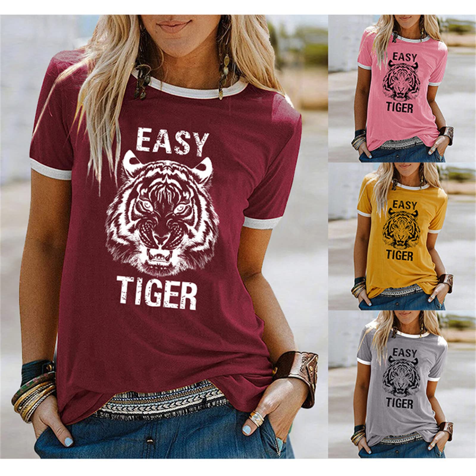 Easy Tiger Women's Graphic Tee - Animal Tiger Print Patchwork White Short Sleeve T-Shirt | Country Music Inspired Casual Top for Concerts & Summer Outfits