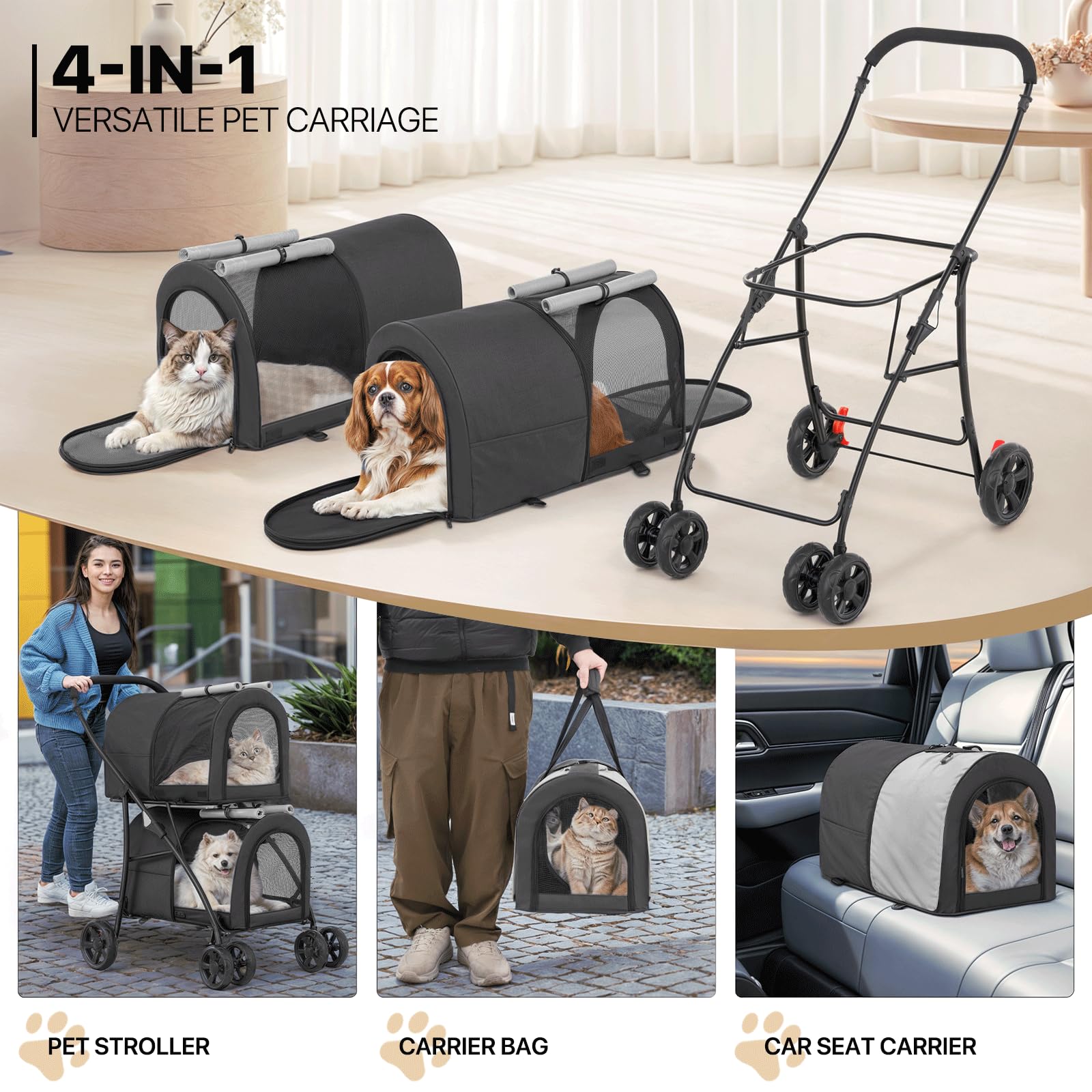 MoNiBloom Double Dog Stroller with Detachable Carrier Bags - Large 4-Wheel Foldable Pet Jogger for Small & Medium Dogs & Cats (Black/Gray) - Perfect for Park Walks, Vet Visits & Outdoor Adventures