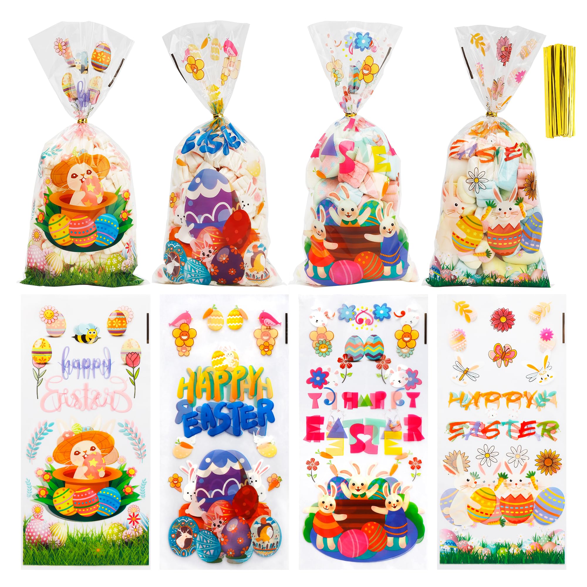 100-Pack Clear Easter Cellophane Treat Bags with Twist Ties - Easter Candy Bags, Easter Party Favors, Easter Gift Bags for Candy, Cookies & Small Gifts - Perfect for Easter Egg Hunts, Classroom Treats & Holiday Party Supplies