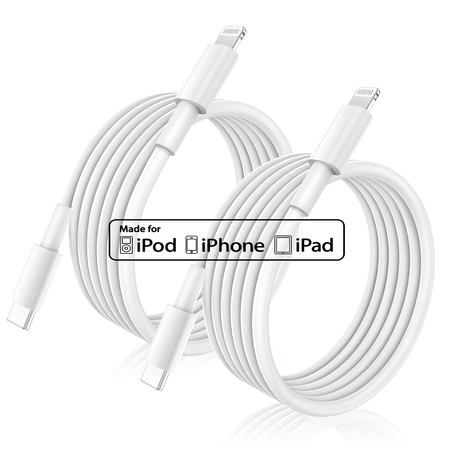 2-Pack MFi Certified USB C to Lightning Cable Fast Charger for iPhone 12/11/Pro/XS/XR/8/Plus & iPad Pro - 6ft White - Perfect for Home, Office, Travel & Car Charging