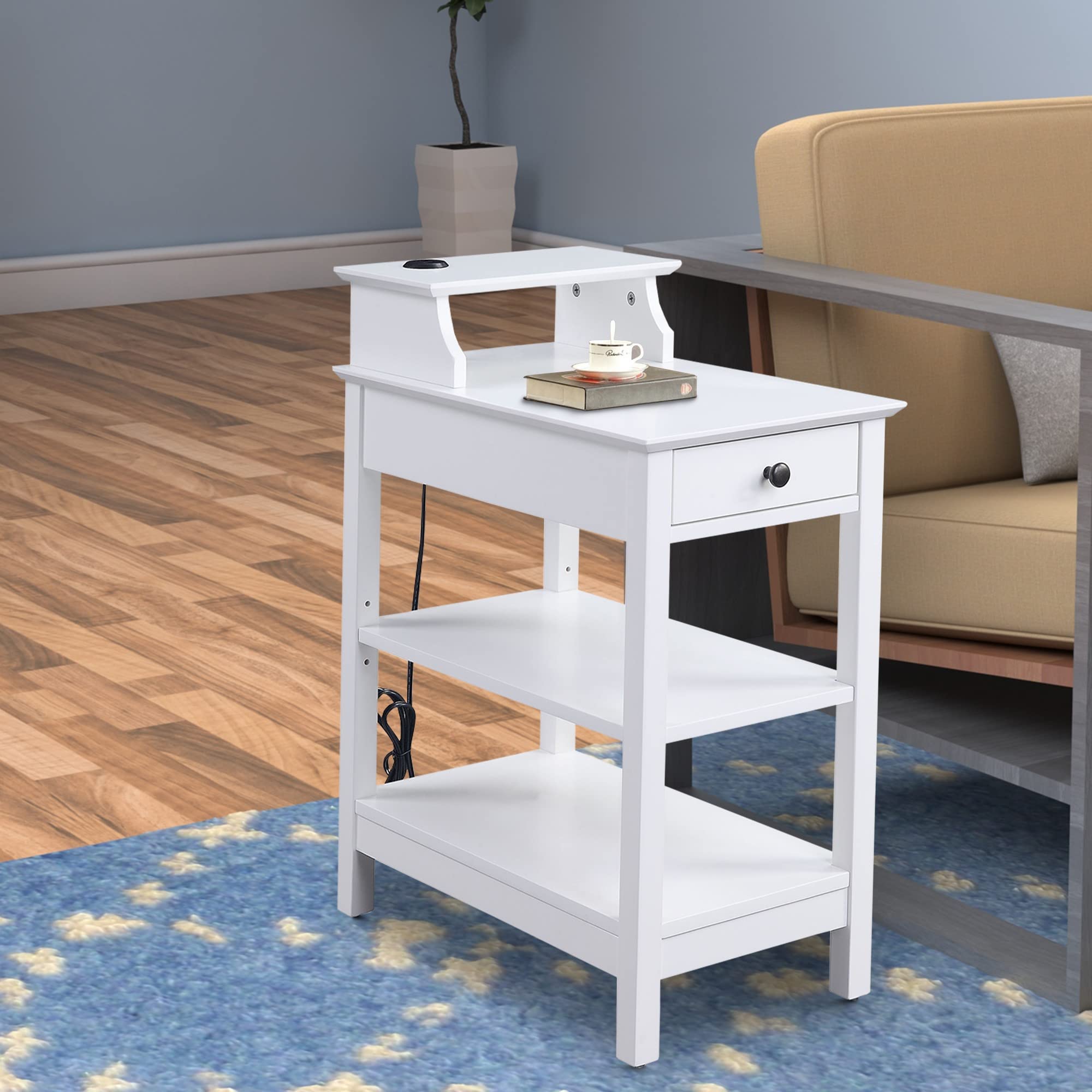 Benjara White Wooden Side Table with 3 Open Shelves & Drawer - Modern End Table for Living Room, Bedroom, or Office - Perfect for Storing Books, Decor, and Essentials