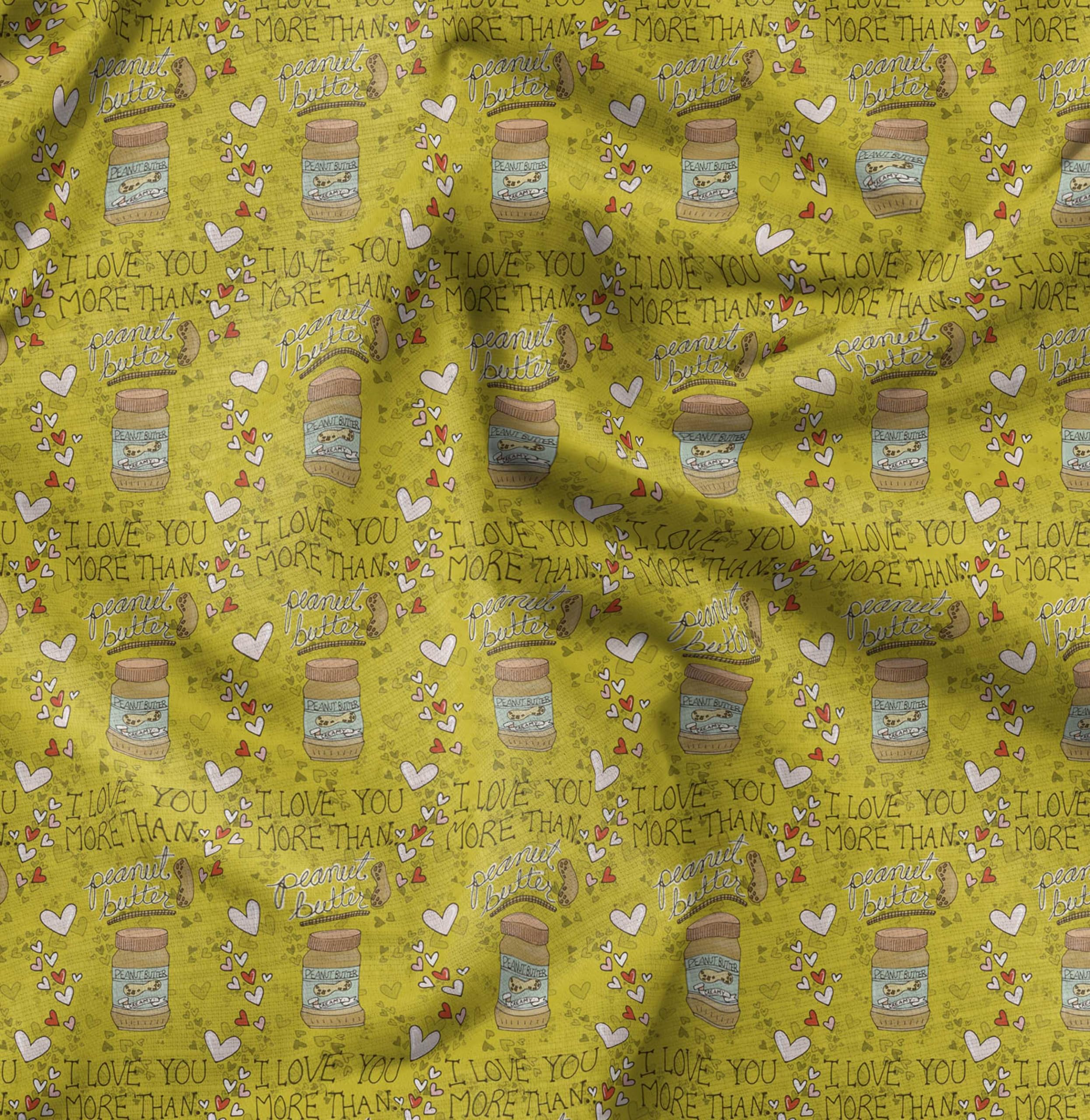 Soimoi Japanese Crepe Fabric - 42 Inch Wide Yellow Text & Peanut Butter Food Print Material by The Yard - Nutty Playful Design for DIY Crafts, Quilting, Dressmaking, Home Decor and Sewing Projects