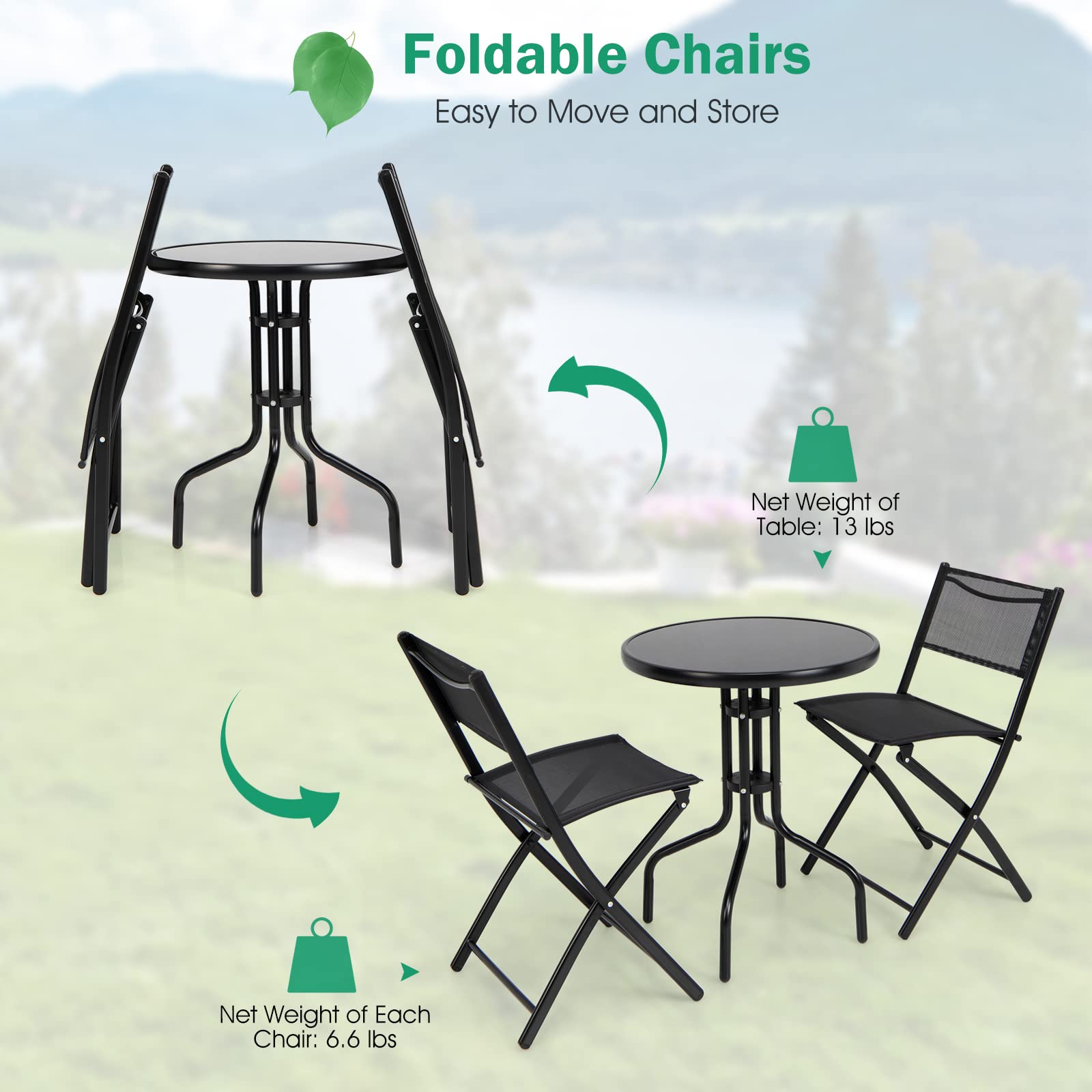 Tangkula 3-Piece Folding Patio Bistro Set - Outdoor Table & Chairs with Tempered Glass Top, Round Dining Set for Garden, Poolside, Backyard & Balcony | Perfect for Small Spaces, BBQs & Outdoor Entertaining