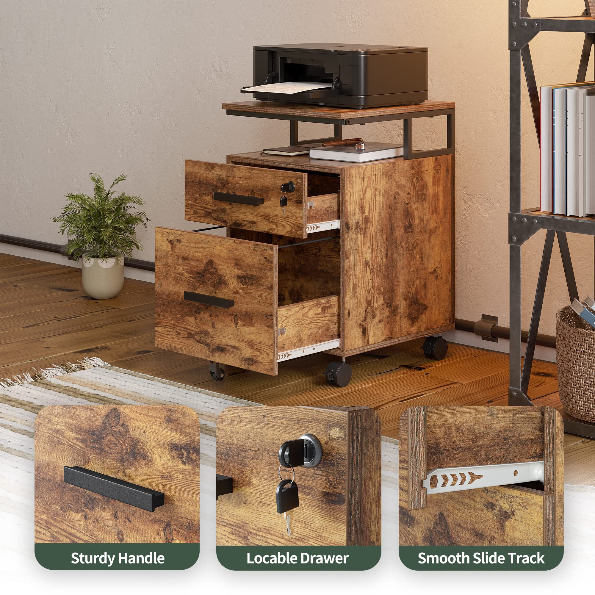 FEZIBO 2-Drawer Locking File Cabinet - Wooden Rolling Storage Cabinet for Home Office, Under Desk Organizer for A4 & Letter Size Documents, Printer Stand with Wheels, Rustic Brown - Perfect for Small Spaces & Workspace Organization